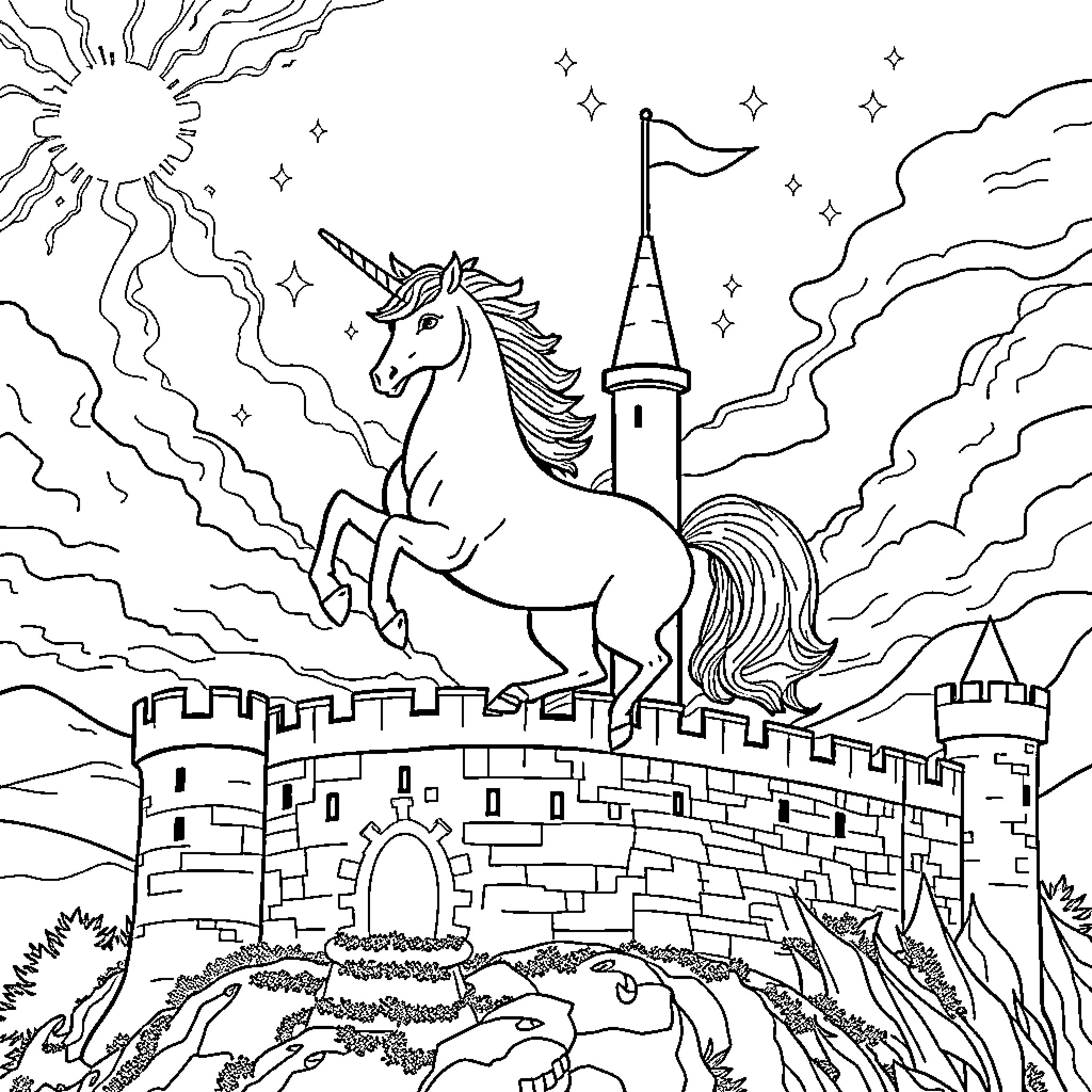 Unicorn galloping over a magical castle at night Coloring Page (free black-and-white line drawing printable PDF for all, from beginners to advanced learners, including children, teens, adults, and seniors)