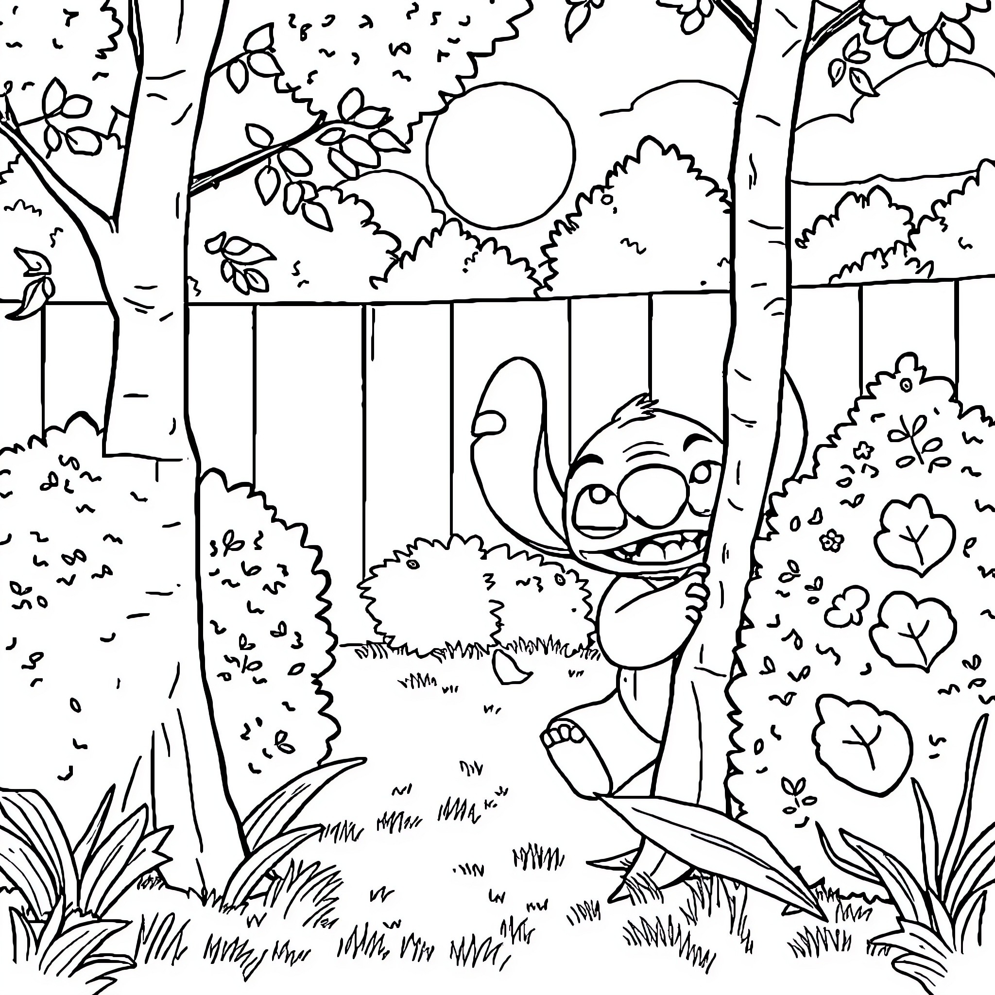Bluey playing joyfully in a whimsical forest Coloring Page (free black-and-white line drawing printable PDF for all, from beginners to advanced learners, including children, teens, adults, and seniors)
