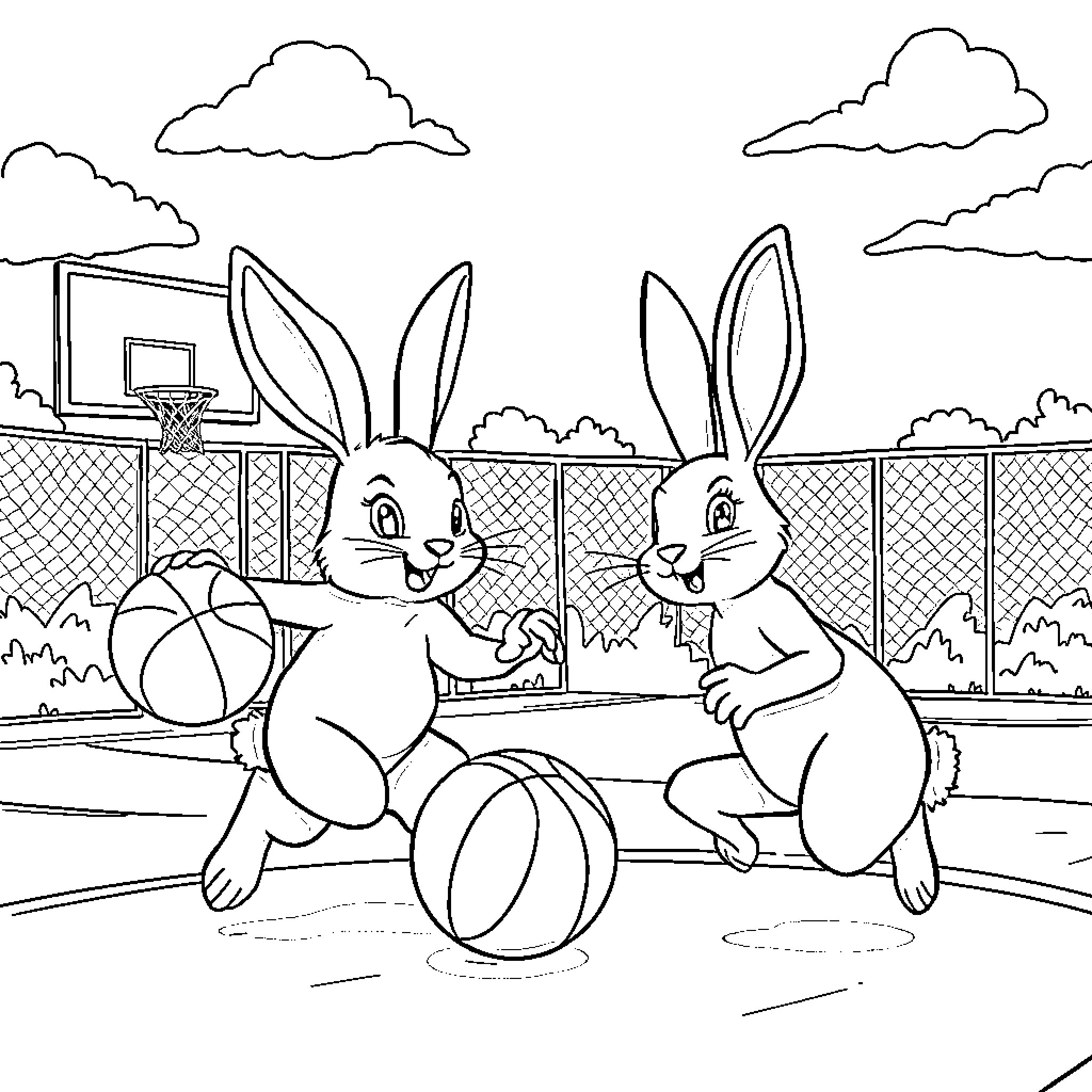 Rabbits playing basketball in the backyard Coloring Page (free black-and-white line drawing printable PDF for all, from beginners to advanced learners, including children, teens, adults, and seniors)