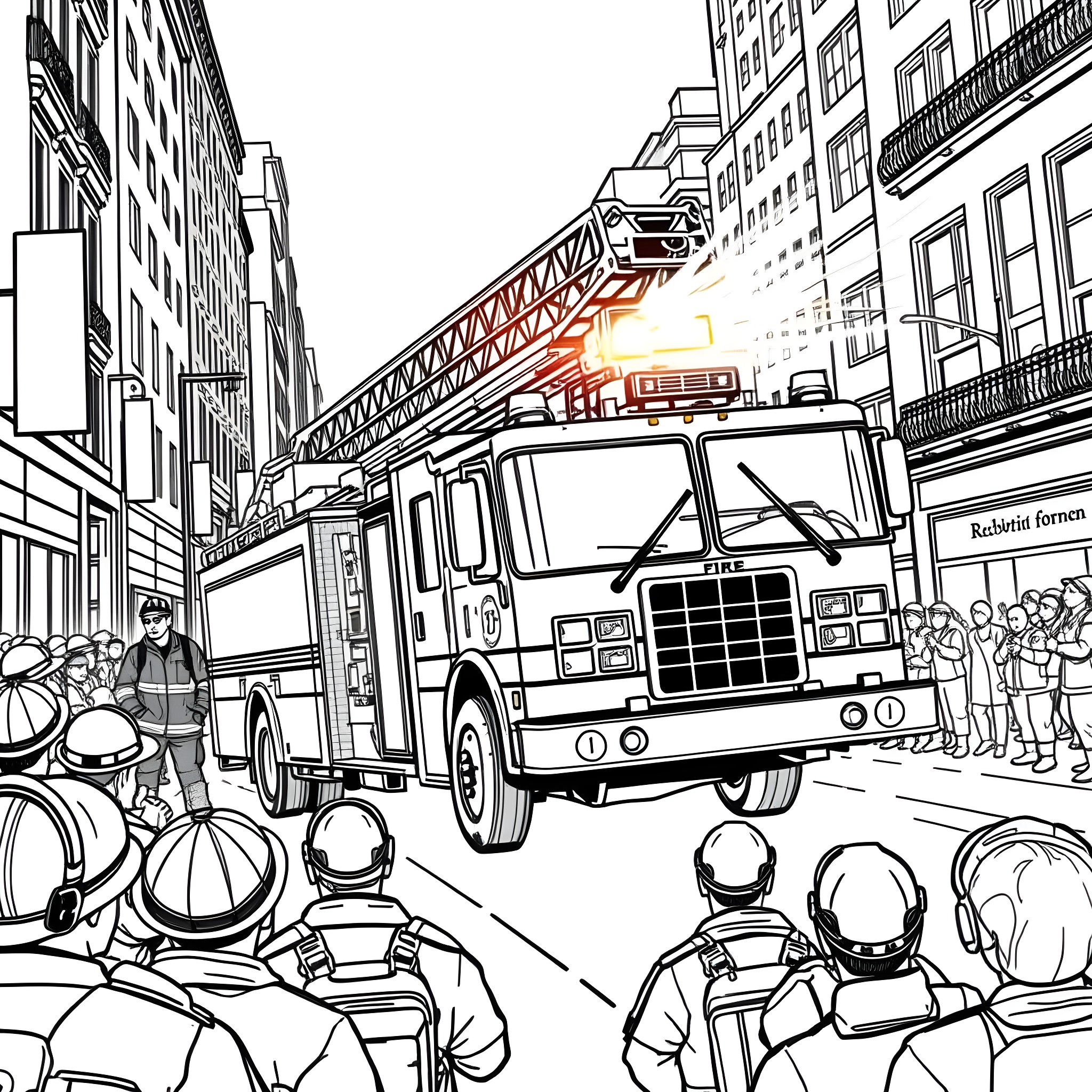 Fire Engine Rushing to Emergency in City Scene Coloring Page (free black-and-white line drawing printable PDF for all, from beginners to advanced learners, including children, teens, adults, and seniors)