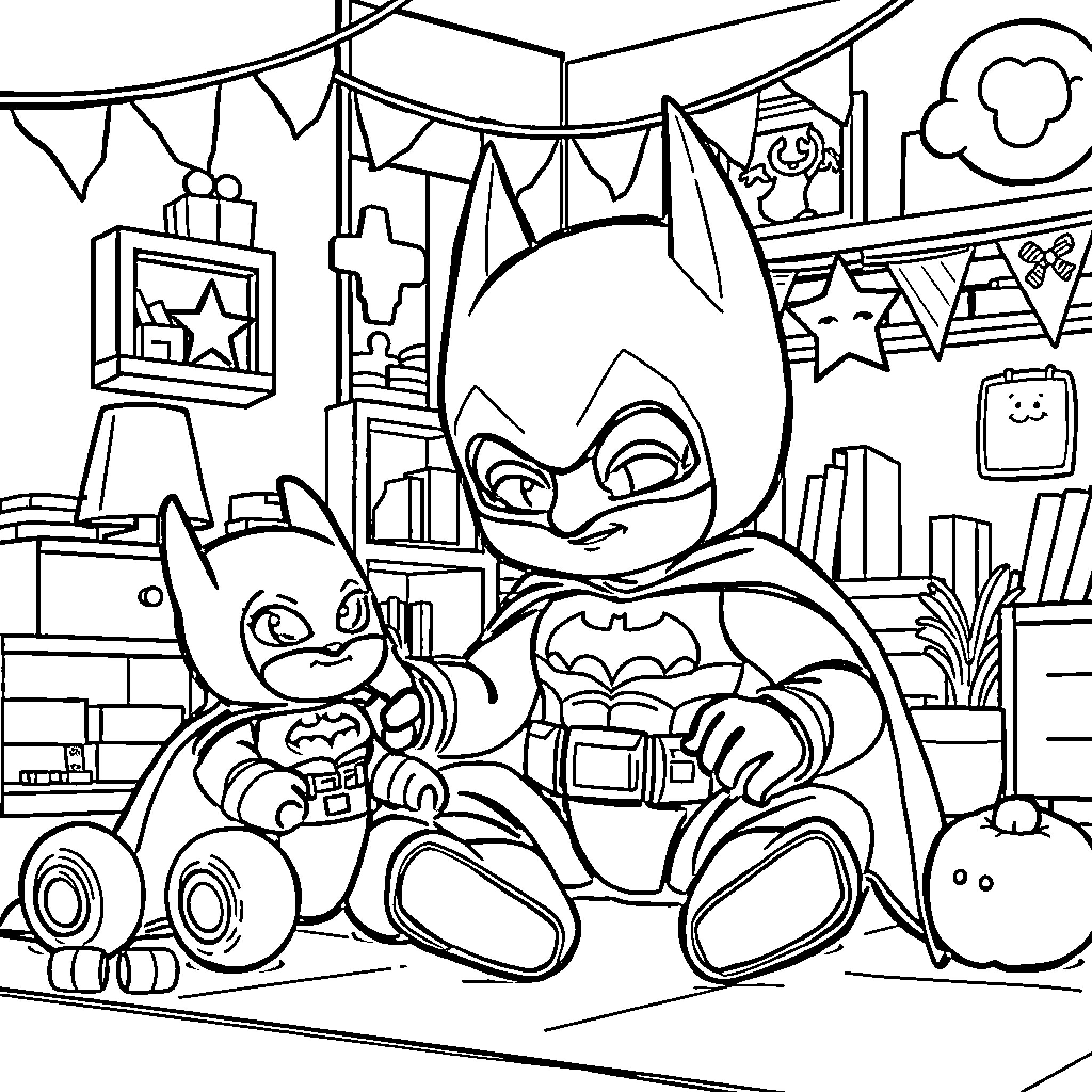 Baby Batman Enjoying Playful Adventures in Colorful Surroundings Coloring Page (free black-and-white line drawing printable PDF for all, from beginners to advanced learners, including children, teens, adults, and seniors)