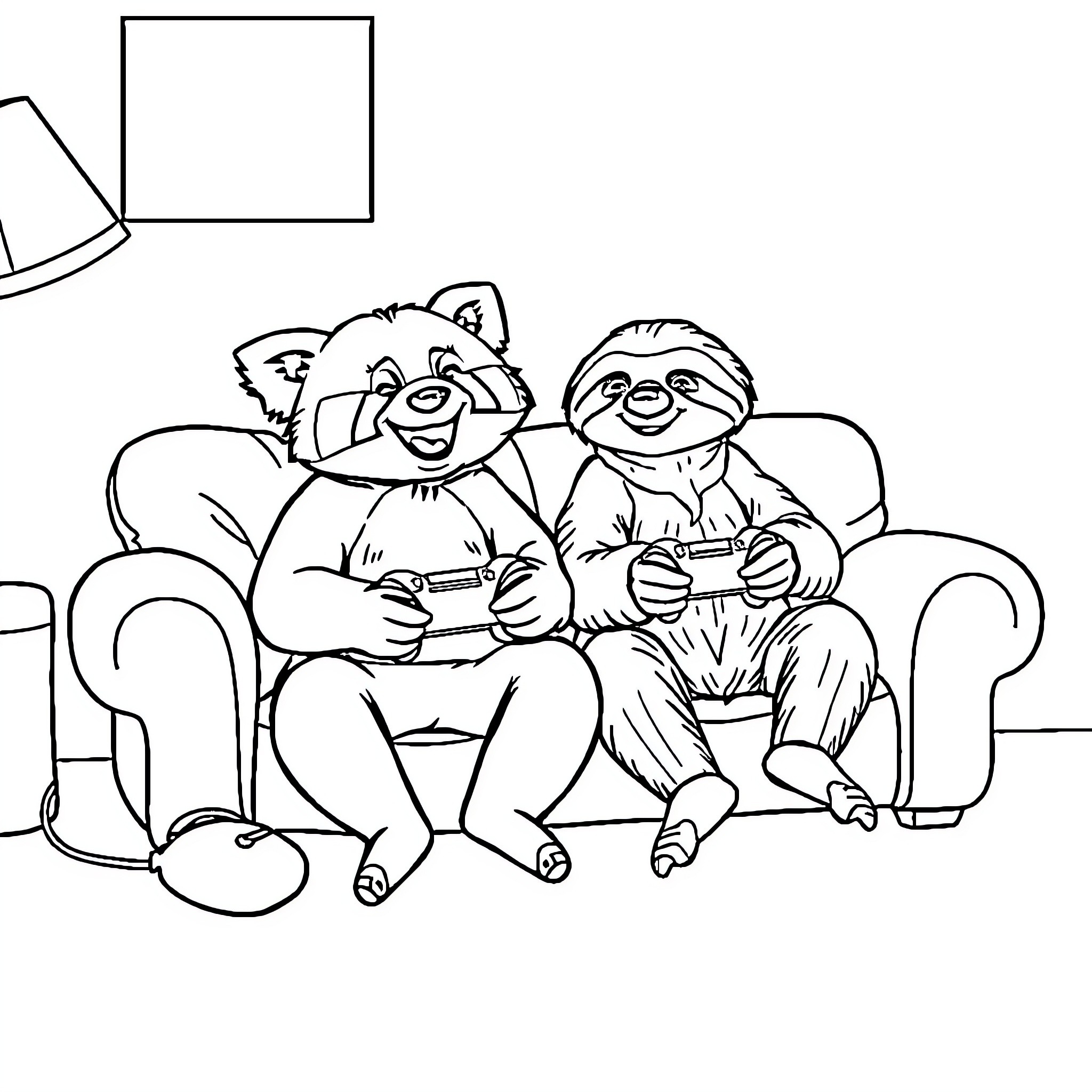 Red Panda and Sloth Enjoying Video Games Together Coloring Page (free black-and-white line drawing printable PDF for all, from beginners to advanced learners, including children, teens, adults, and seniors)