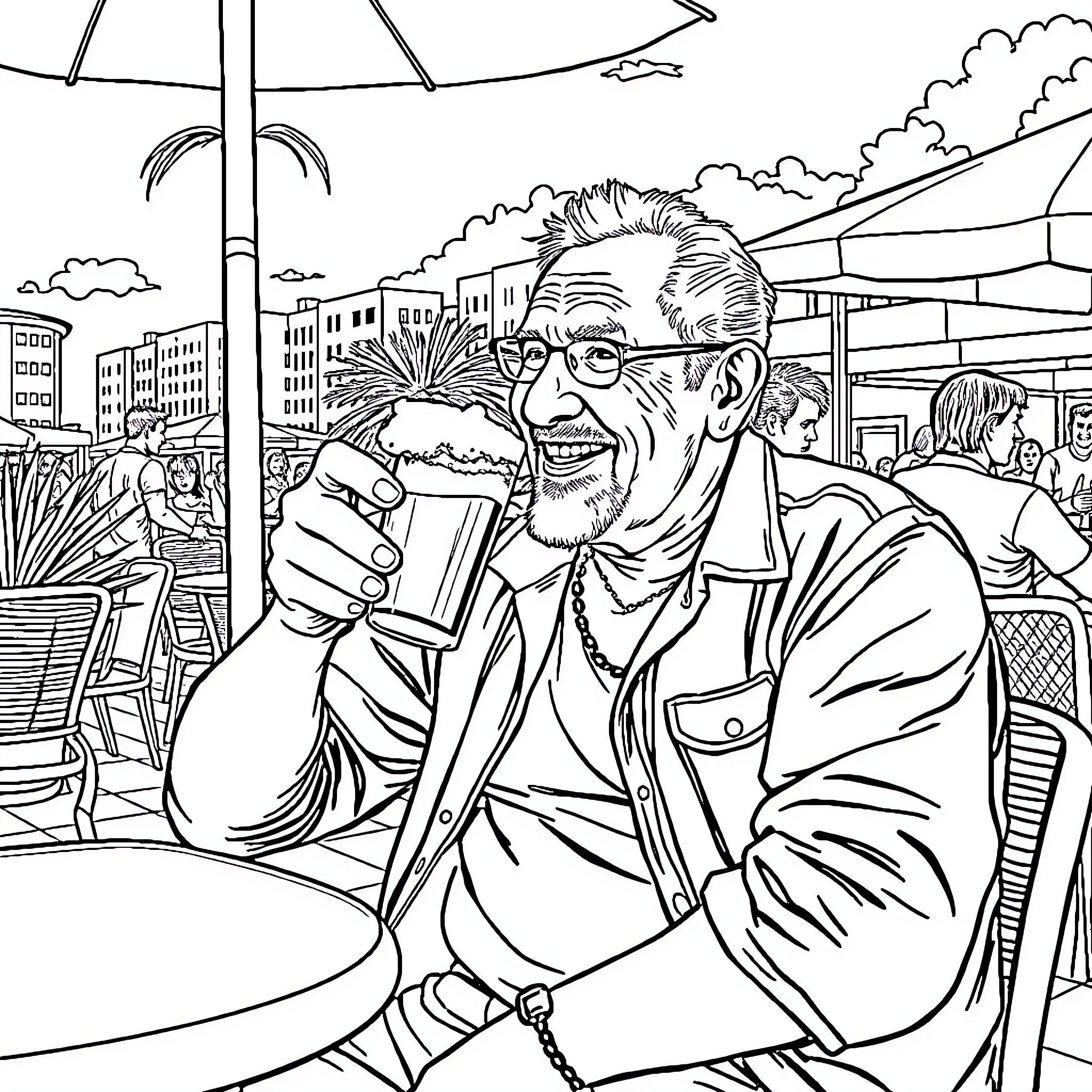 Man enjoys coffee at outdoor cafe on cloudy day Coloring Page (free black-and-white line drawing printable PDF for all, from beginners to advanced learners, including children, teens, adults, and seniors)