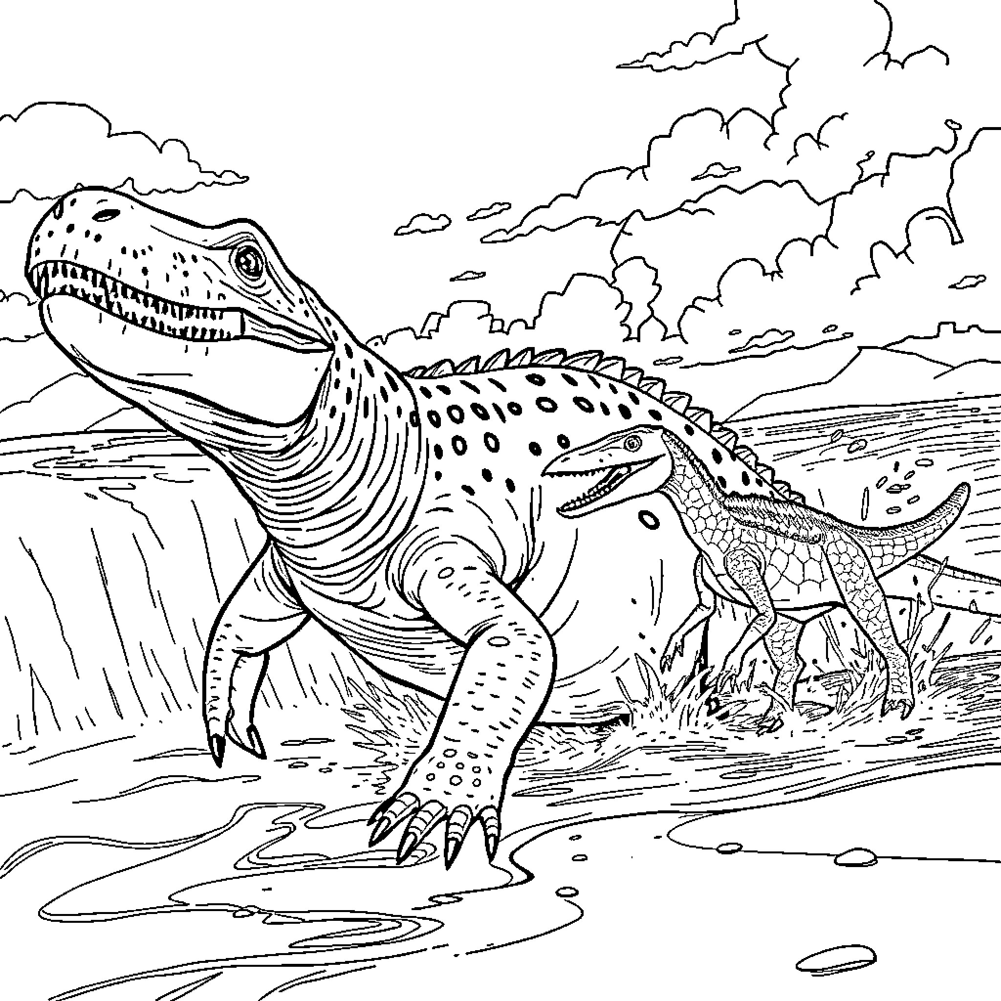 Mosasaurus and Prehistoric Companions Roaming the Landscape Coloring Page (free black-and-white line drawing printable PDF for all, from beginners to advanced learners, including children, teens, adults, and seniors)