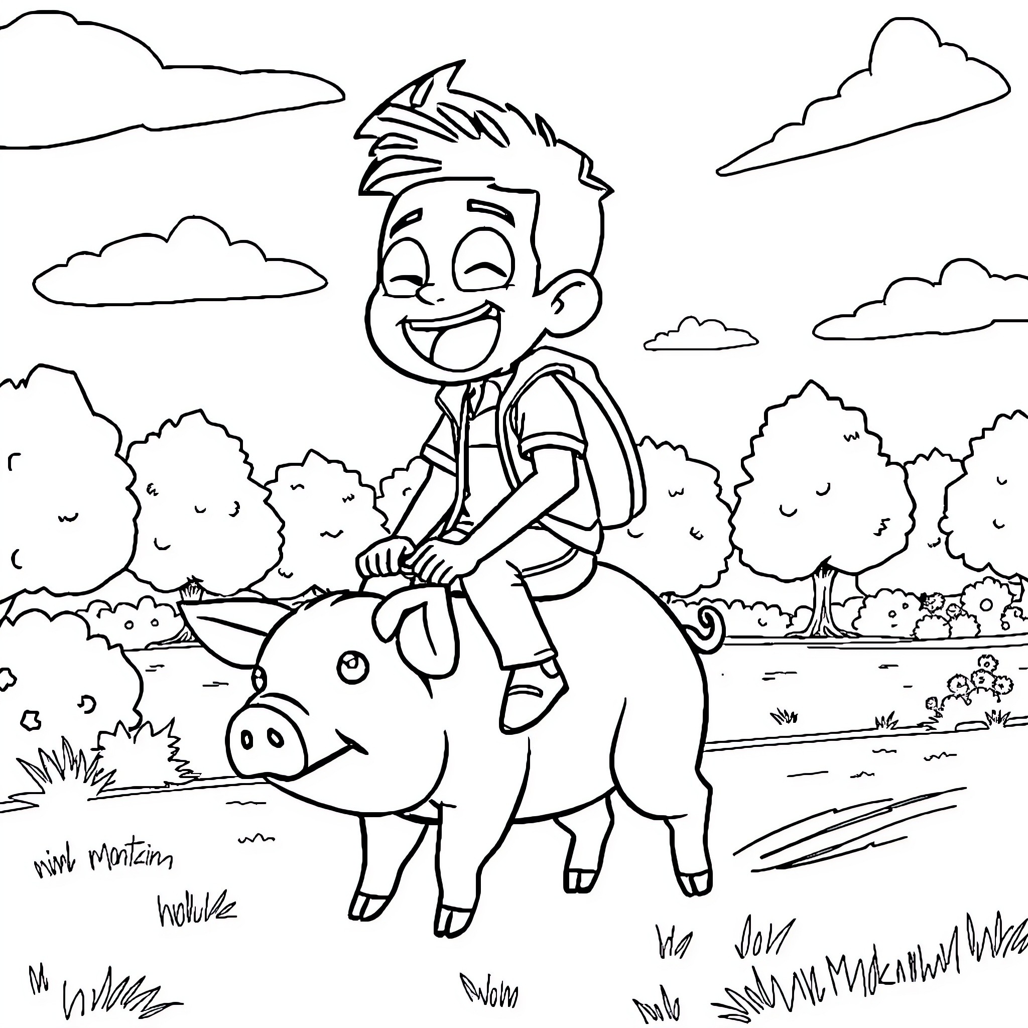 Miles Morales riding a pig in a pastoral scene Coloring Page (free black-and-white line drawing printable PDF for all, from beginners to advanced learners, including children, teens, adults, and seniors)