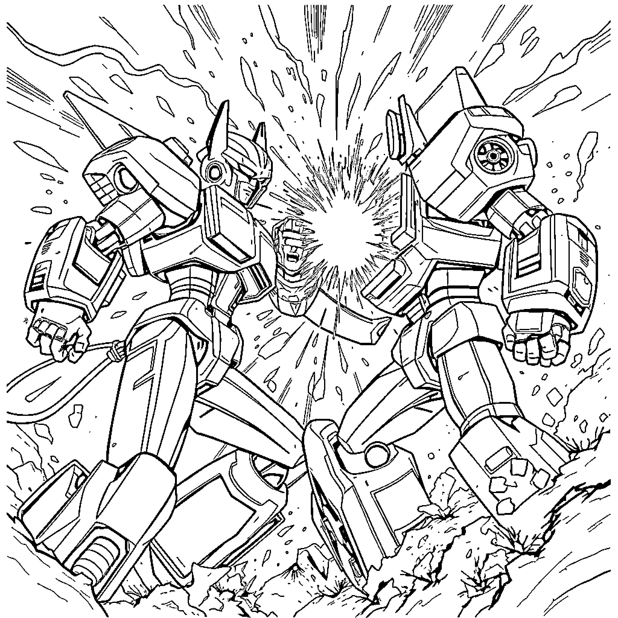 Transformer robots in intense battle Coloring Page (free black-and-white line drawing printable PDF for all, from beginners to advanced learners, including children, teens, adults, and seniors)