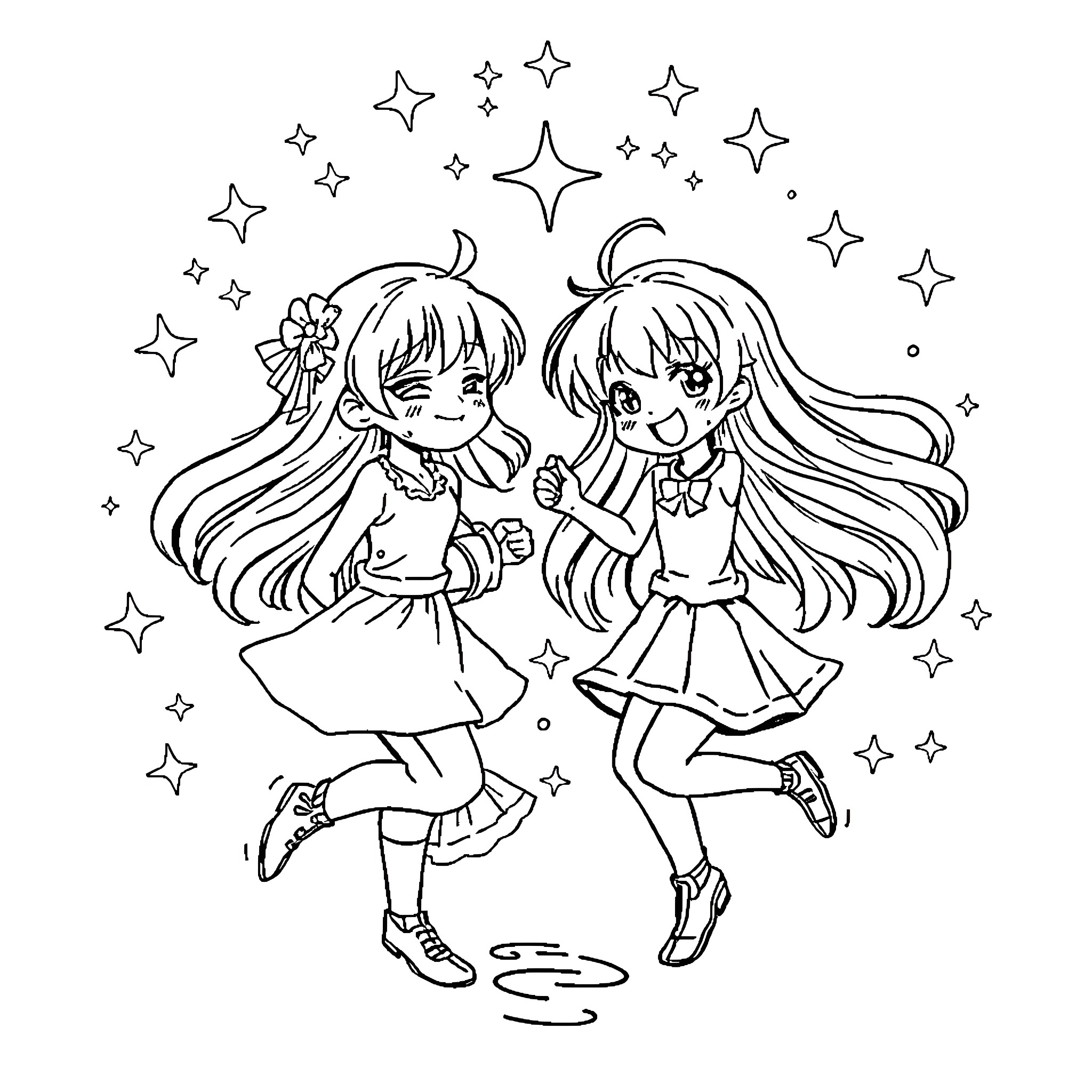 Anime Characters Joyfully Dancing Under Starry Sky Coloring Page (free black-and-white line drawing printable PDF for all, from beginners to advanced learners, including children, teens, adults, and seniors)