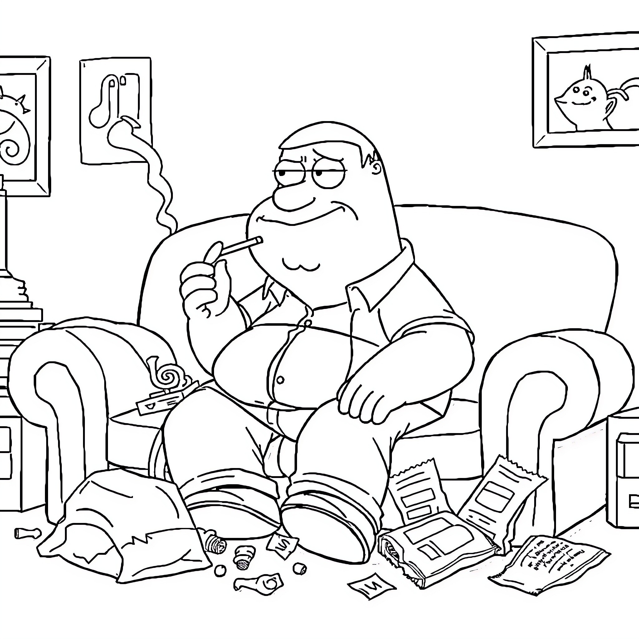 Peter Griffin relaxing at home with his favorite snacks Coloring Page (free black-and-white line drawing printable PDF for all, from beginners to advanced learners, including children, teens, adults, and seniors)