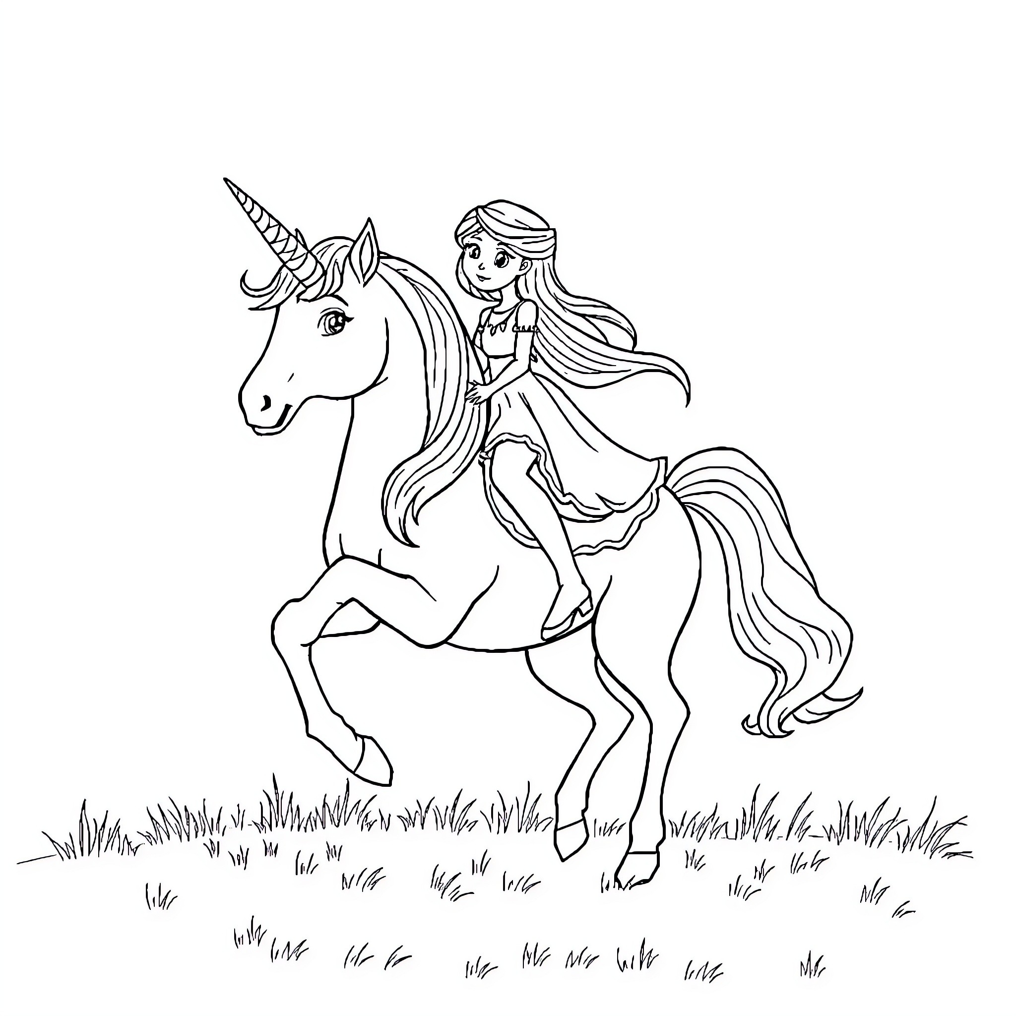 Else rides magical unicorn through enchanted meadow Coloring Page (free black-and-white line drawing printable PDF for all, from beginners to advanced learners, including children, teens, adults, and seniors)