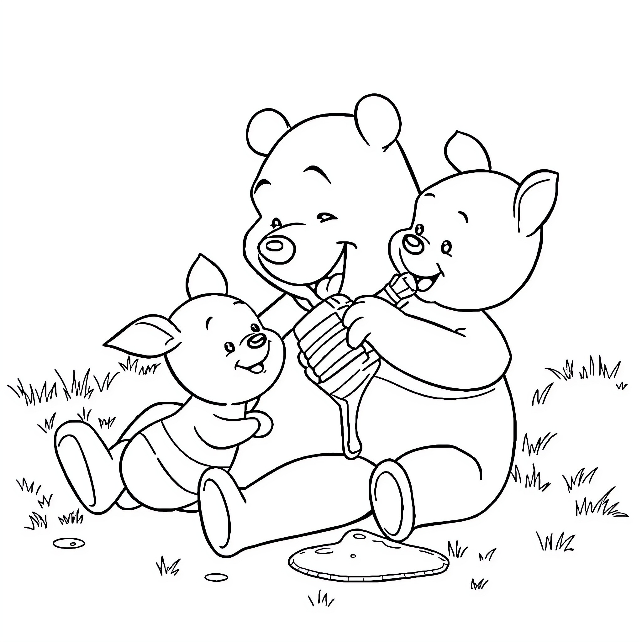 Winnie The Pooh and Friends Enjoying Playful Outdoor Moment Coloring Page (free black-and-white line drawing printable PDF for all, from beginners to advanced learners, including children, teens, adults, and seniors)