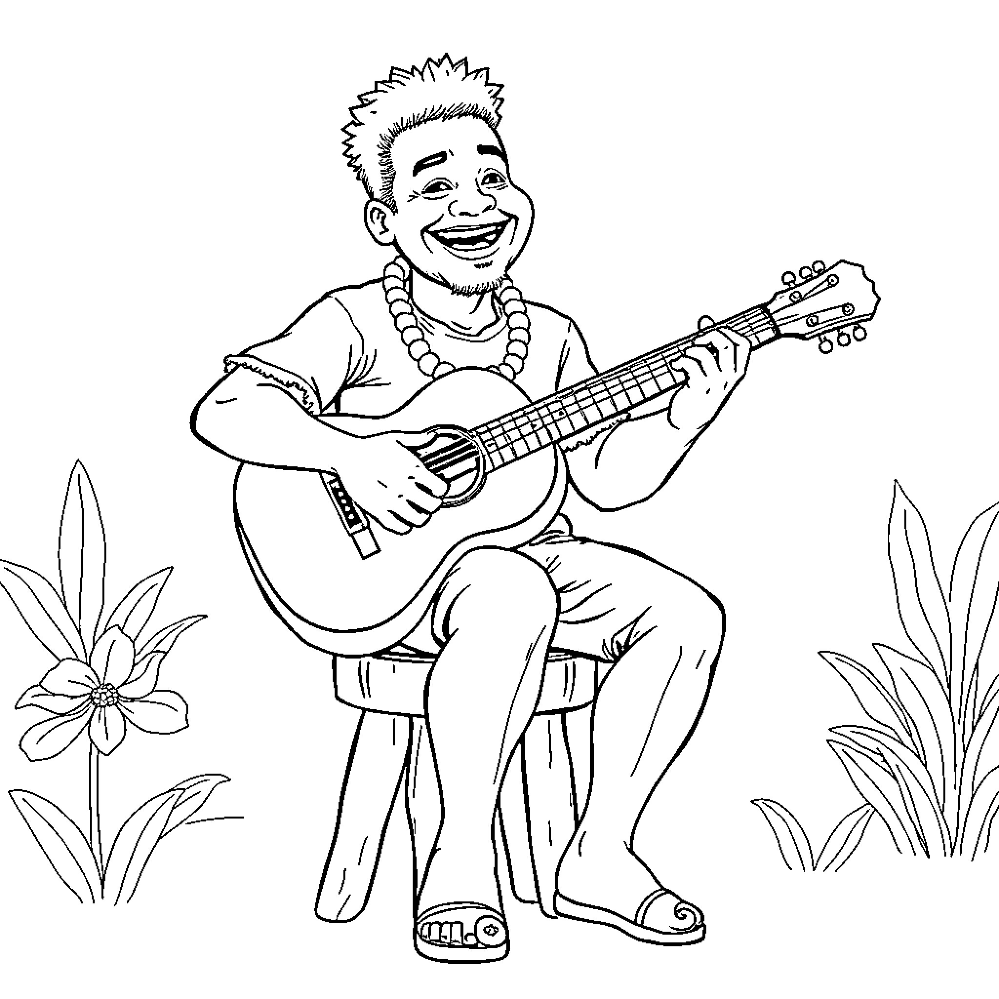 Malakai happily strumming his guitar in the garden Coloring Page (free black-and-white line drawing printable PDF for all, from beginners to advanced learners, including children, teens, adults, and seniors)