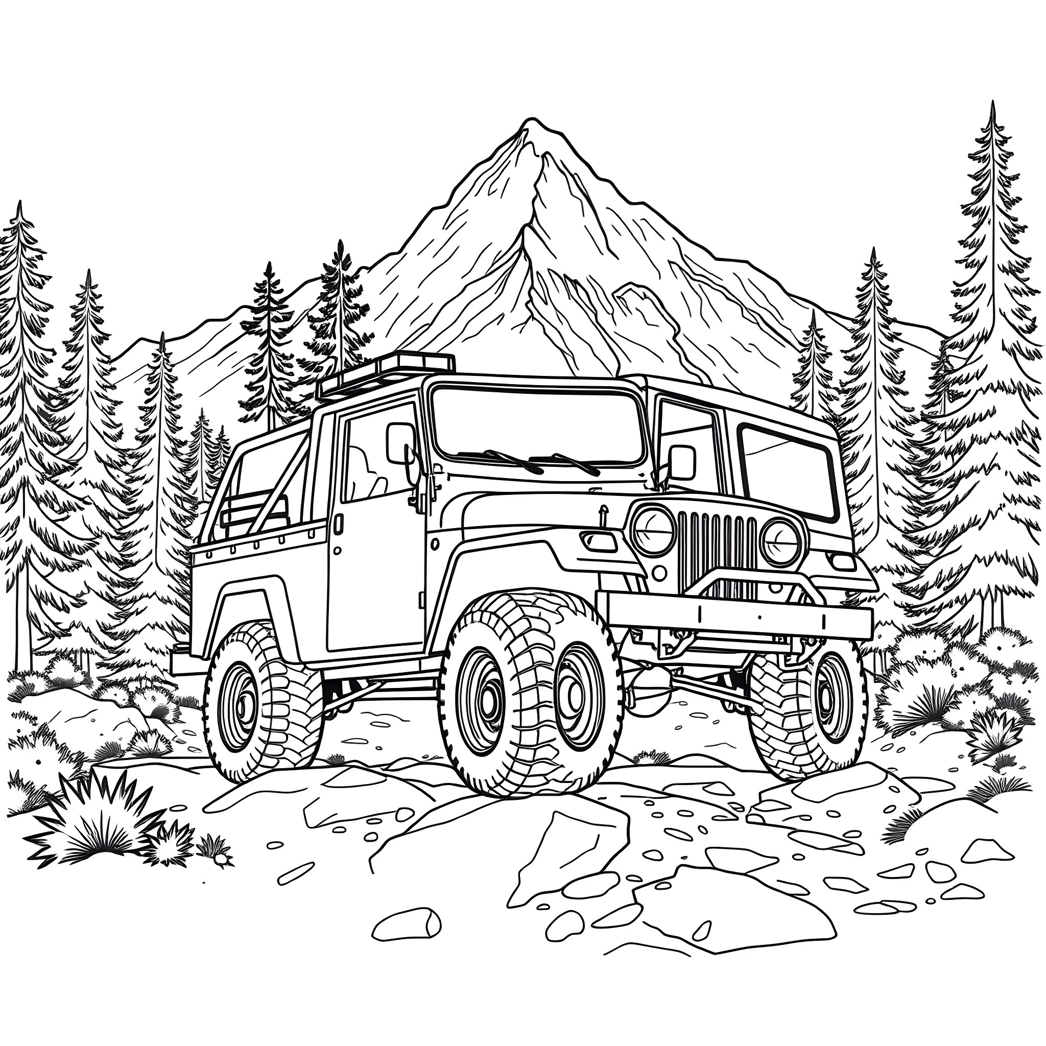 4x4 Rugged Terrain Adventure Coloring Page (free black-and-white line drawing printable PDF for all, from beginners to advanced learners, including children, teens, adults, and seniors)