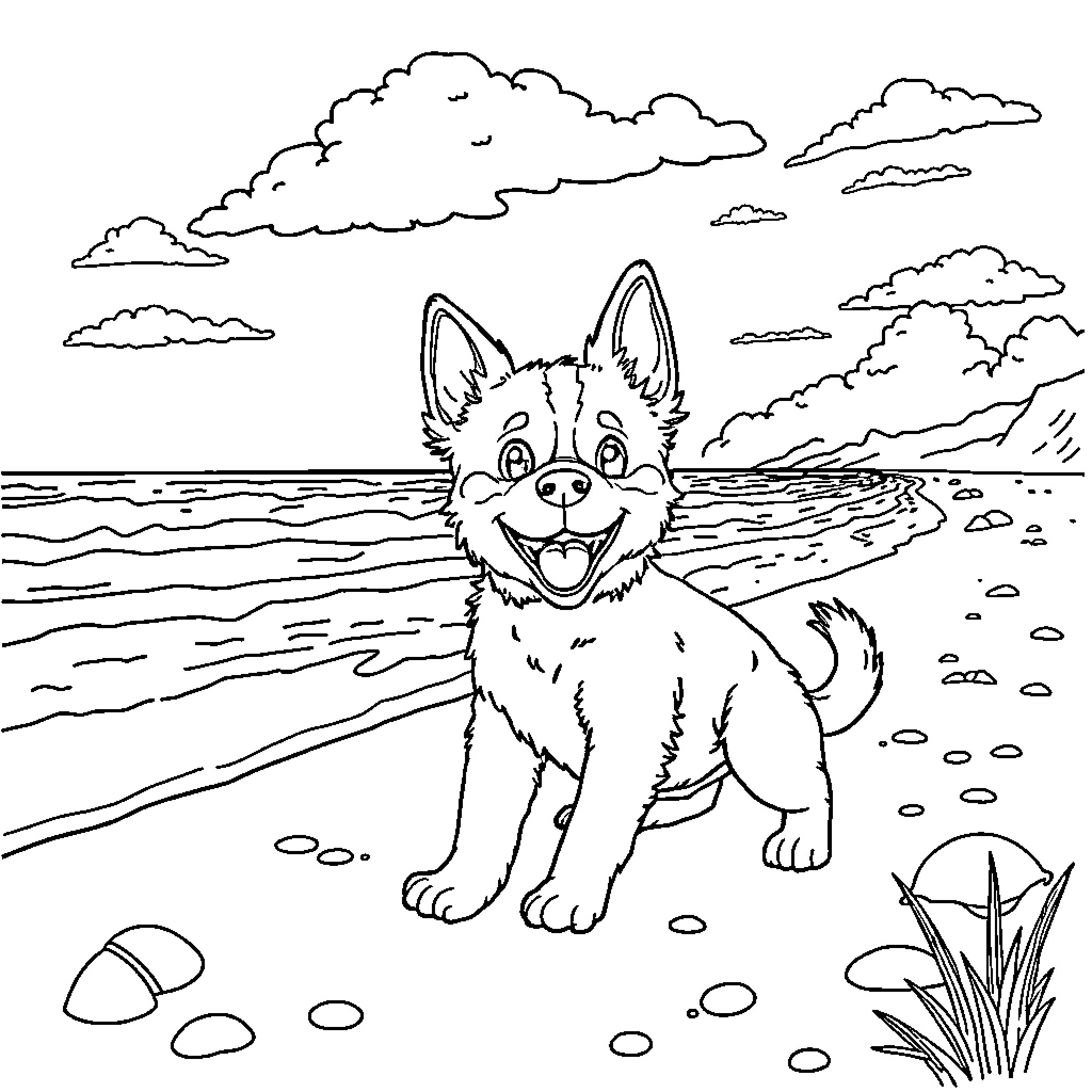 Tchoupi having fun at the beach Coloring Page (free black-and-white line drawing printable PDF for all, from beginners to advanced learners, including children, teens, adults, and seniors)