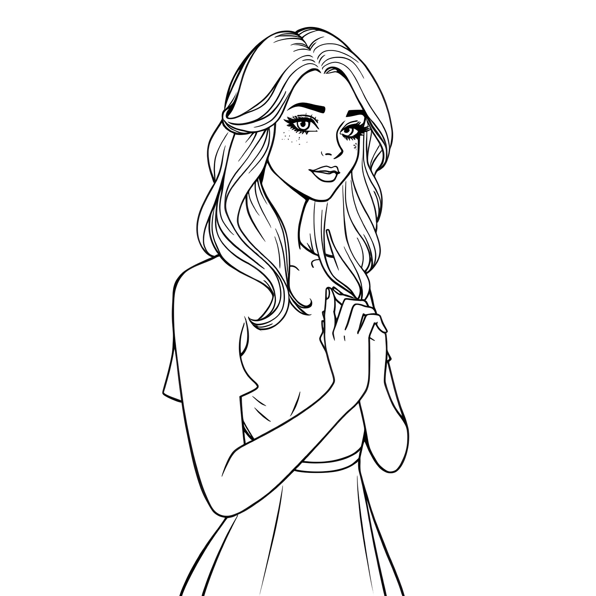 Woman with long flowing hair posing thoughtfully Coloring Page (free black-and-white line drawing printable PDF for all, from beginners to advanced learners, including children, teens, adults, and seniors)