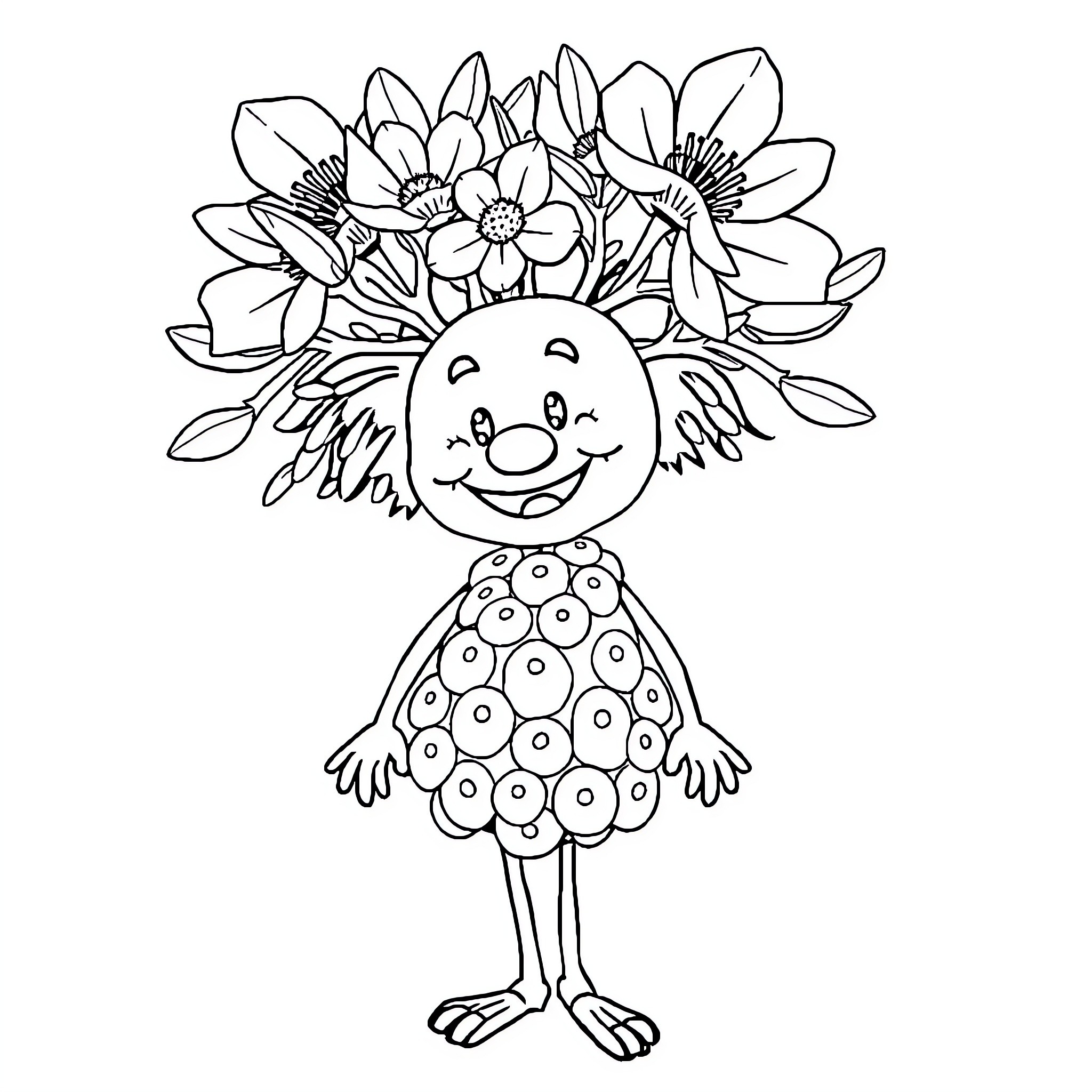 Banksia Man surrounded by a bouquet of flowers Coloring Page (free black-and-white line drawing printable PDF for all, from beginners to advanced learners, including children, teens, adults, and seniors)