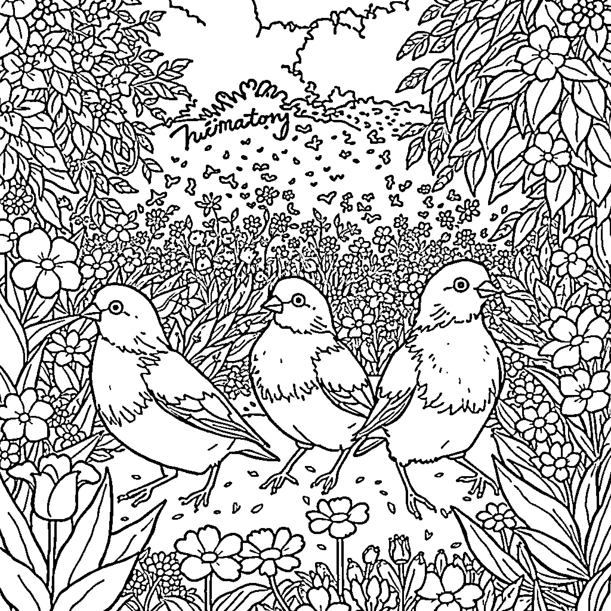 Hens in a Flourishing Garden Coloring Page (free black-and-white line drawing printable PDF for all, from beginners to advanced learners, including children, teens, adults, and seniors)