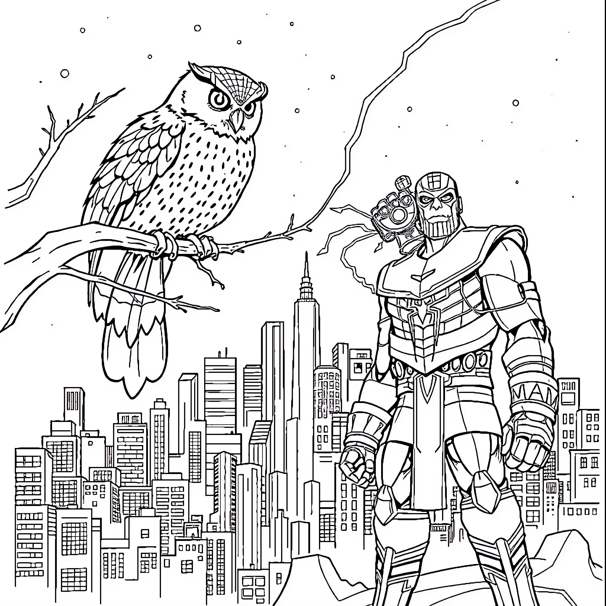 Owl on a Branch overlooking a Futuristic City Coloring Page (free black-and-white line drawing printable PDF for all, from beginners to advanced learners, including children, teens, adults, and seniors)