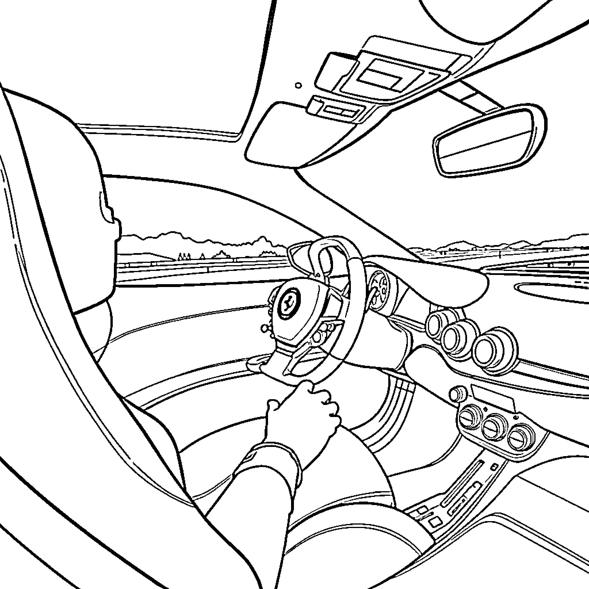 Ferrari speeding through the countryside Coloring Page (free black-and-white line drawing printable PDF for all, from beginners to advanced learners, including children, teens, adults, and seniors)