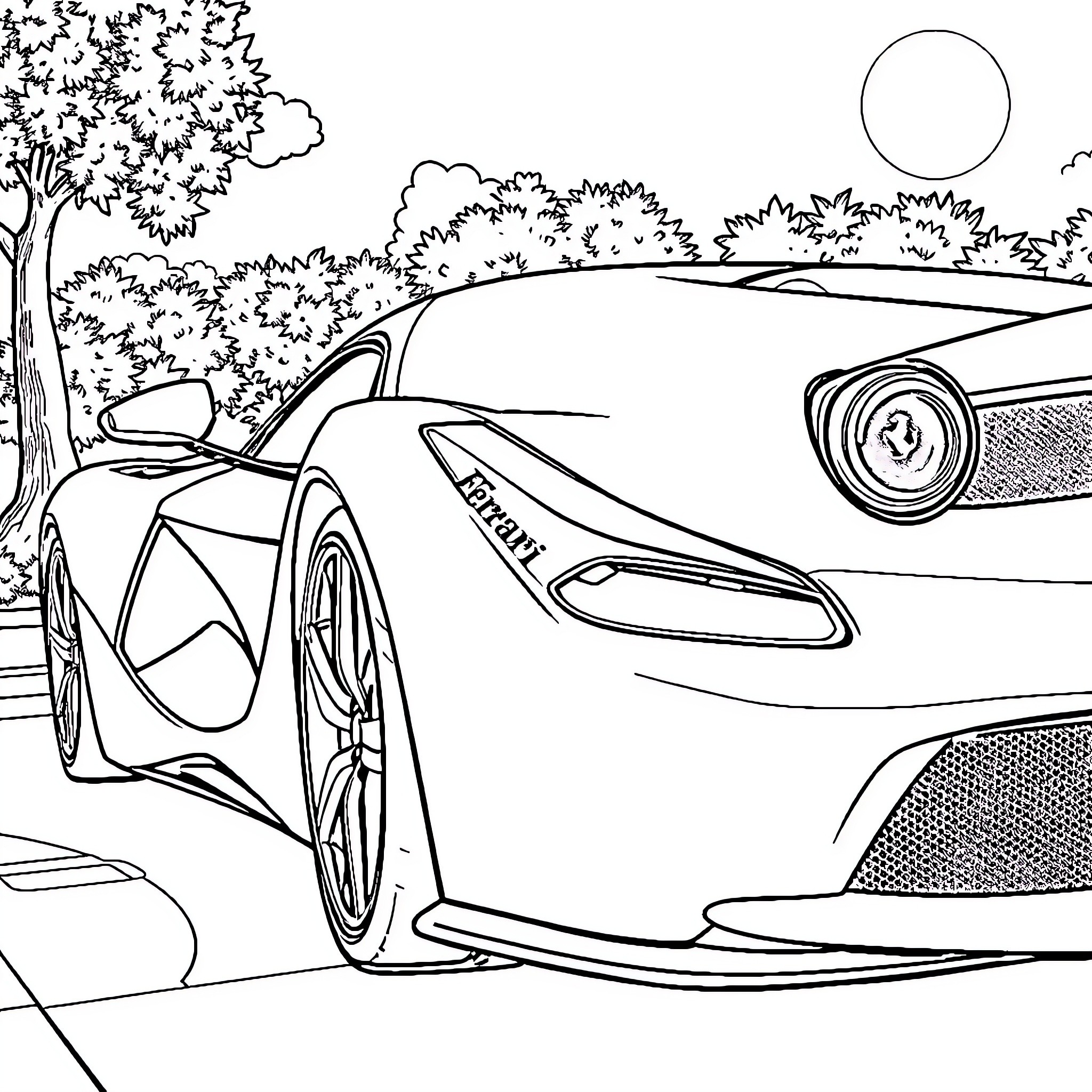 Ferrari sports car driving through scenic countryside Coloring Page (free black-and-white line drawing printable PDF for all, from beginners to advanced learners, including children, teens, adults, and seniors)