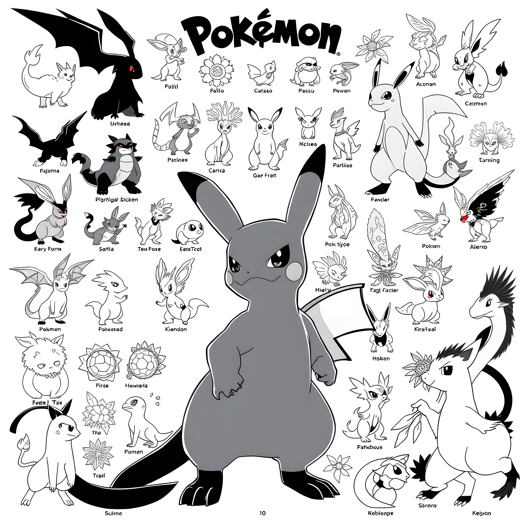 Pokémon characters in various poses and expressions Coloring Page (free black-and-white line drawing printable PDF for all, from beginners to advanced learners, including children, teens, adults, and seniors)