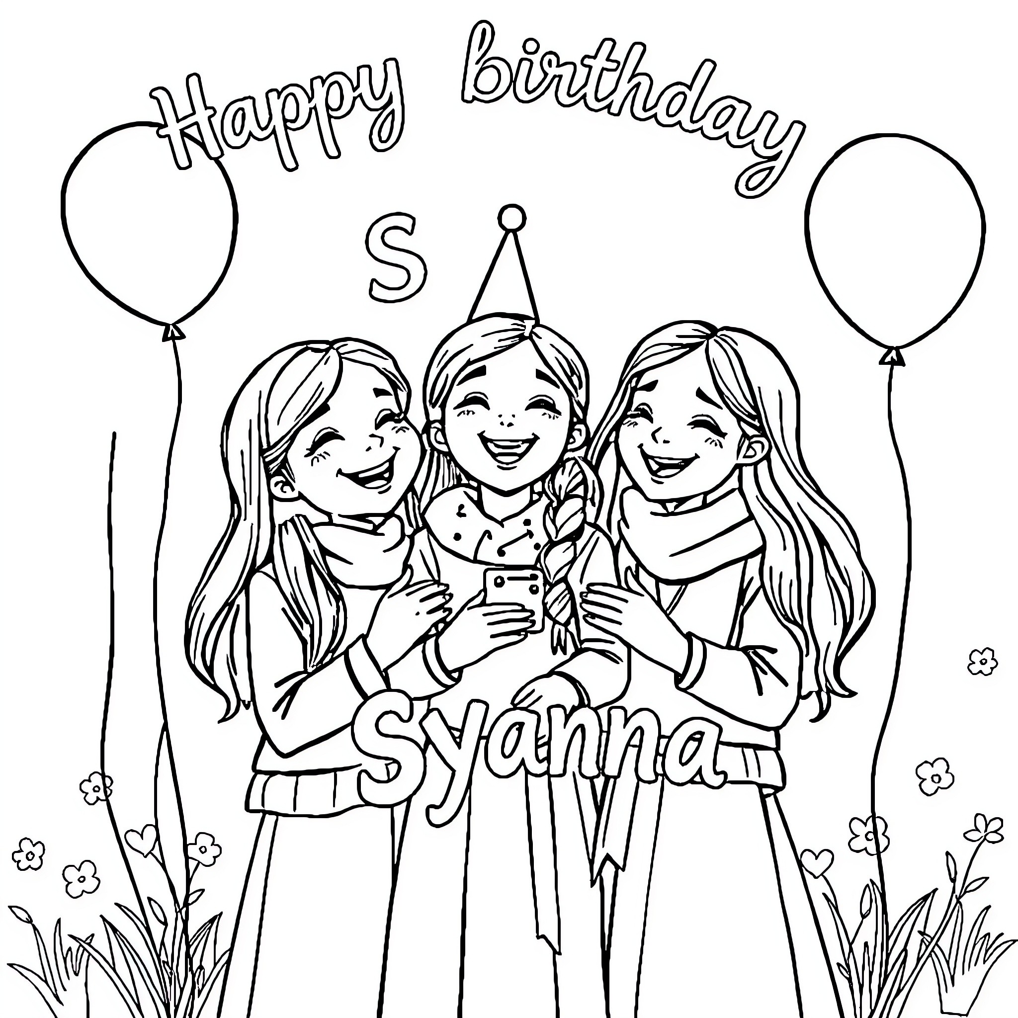 Gabby's Birthday Celebration with Friends Coloring Page (free black-and-white line drawing printable PDF for all, from beginners to advanced learners, including children, teens, adults, and seniors)