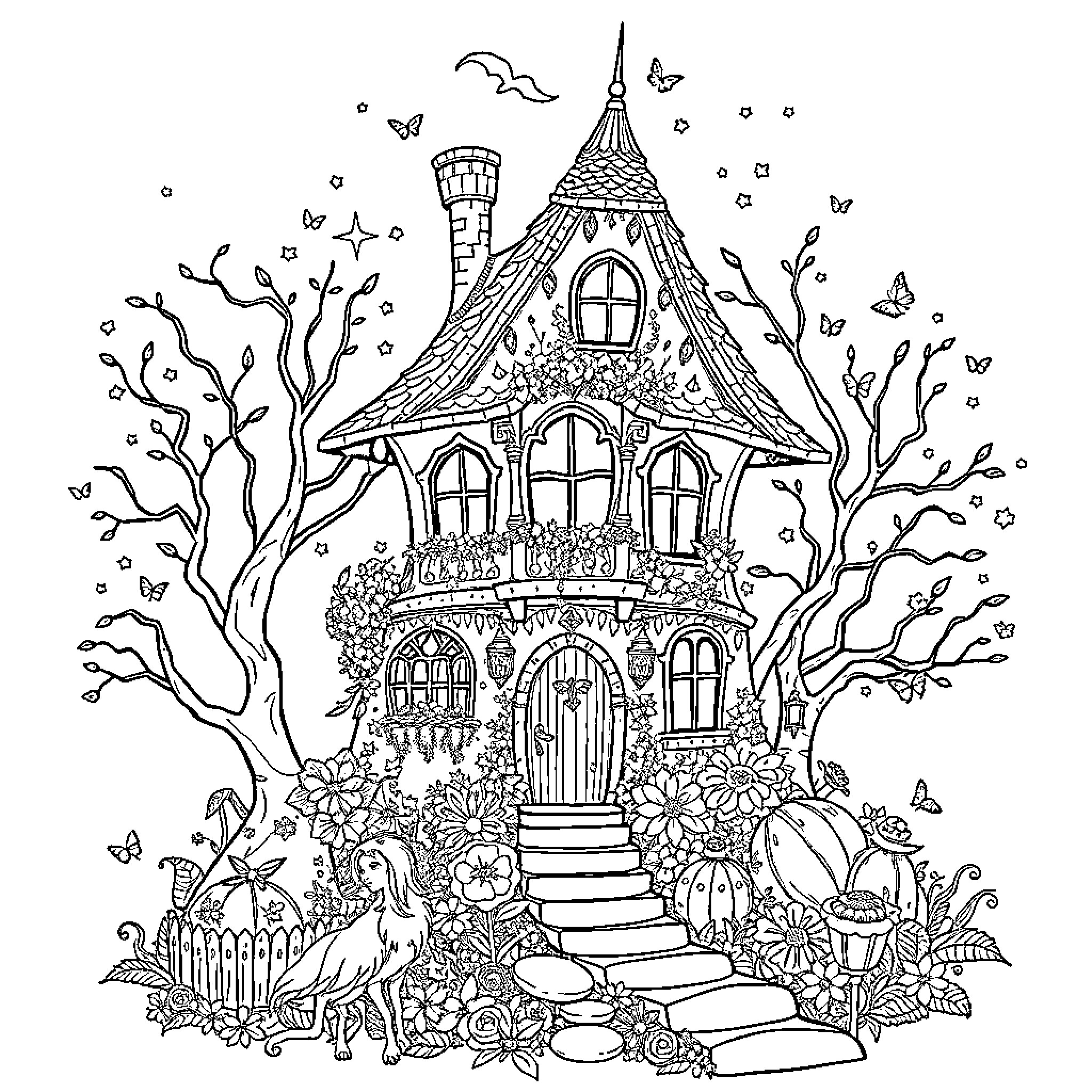 Fairy House with Whimsical Details and Enchanted Surroundings Coloring Page (free black-and-white line drawing printable PDF for all, from beginners to advanced learners, including children, teens, adults, and seniors)