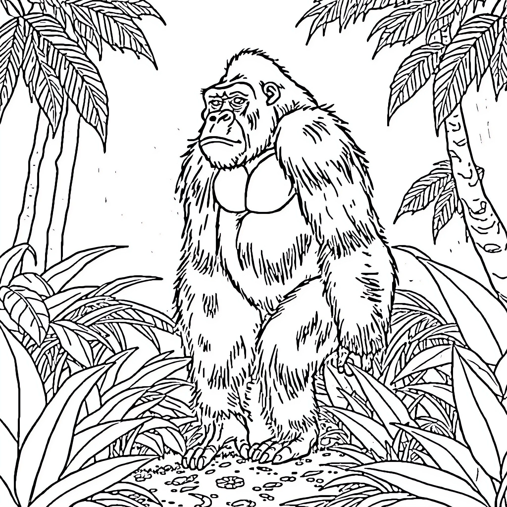 Gorilla observing the jungle surroundings Coloring Page (free black-and-white line drawing printable PDF for all, from beginners to advanced learners, including children, teens, adults, and seniors)