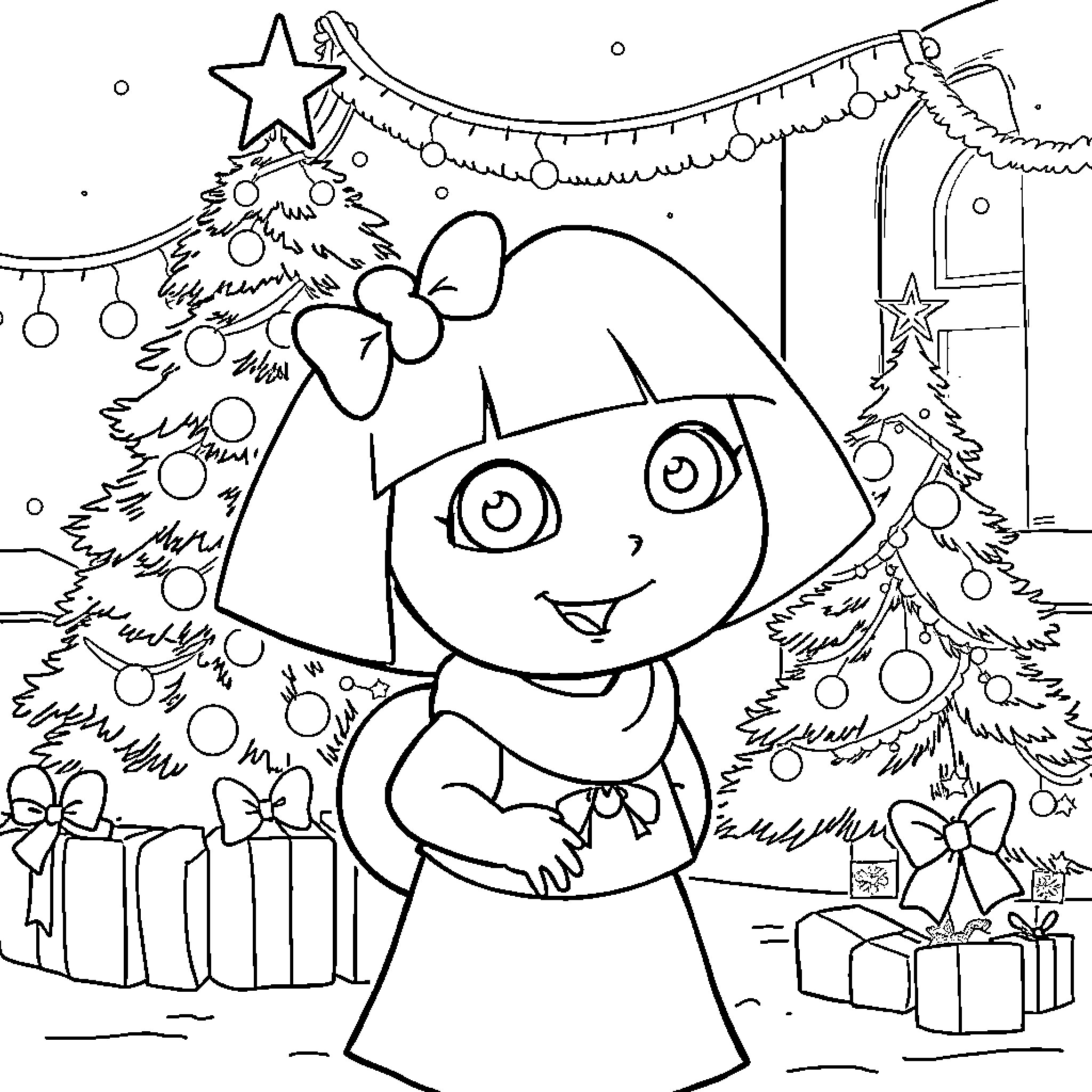 Dora Celebrates Christmas with Decorations Coloring Page (free black-and-white line drawing printable PDF for all, from beginners to advanced learners, including children, teens, adults, and seniors)