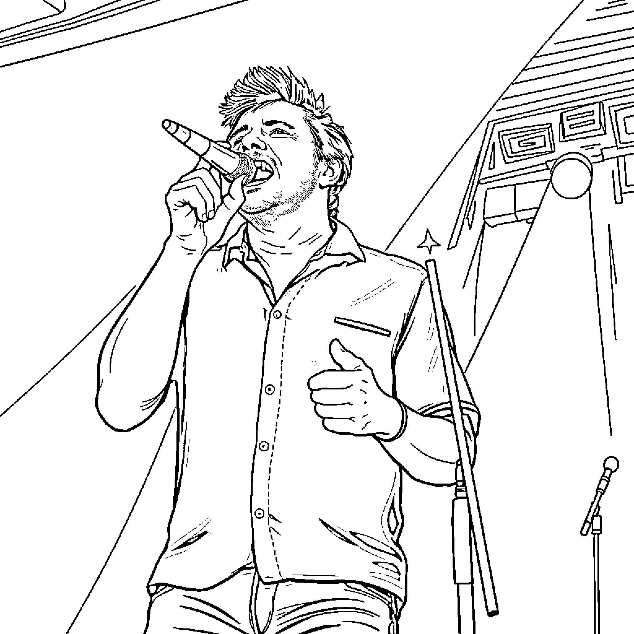 Morgan Wallen performing on stage with microphone Coloring Page (free black-and-white line drawing printable PDF for all, from beginners to advanced learners, including children, teens, adults, and seniors)