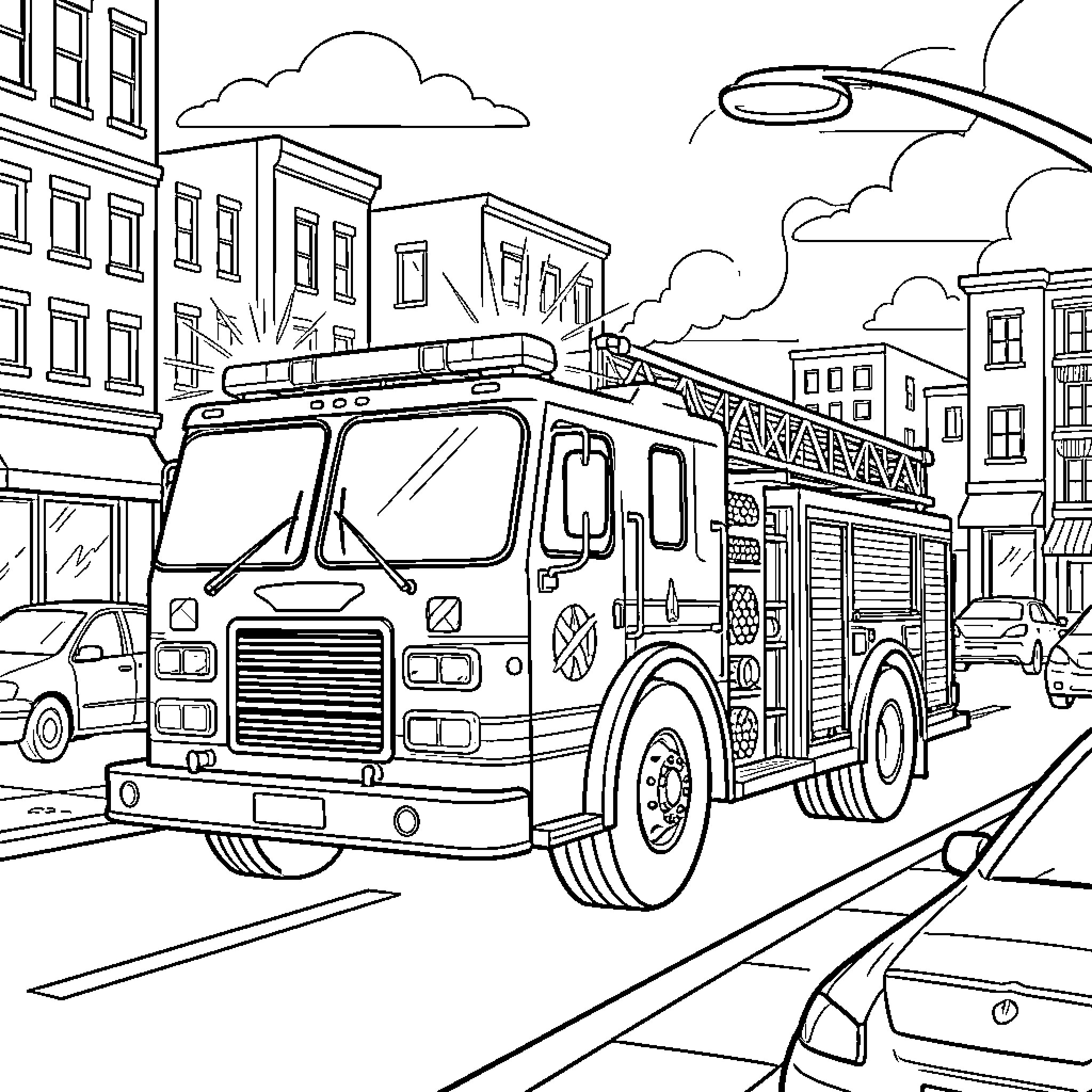 Fire Truck driving through a busy city street Coloring Page (free black-and-white line drawing printable PDF for all, from beginners to advanced learners, including children, teens, adults, and seniors)