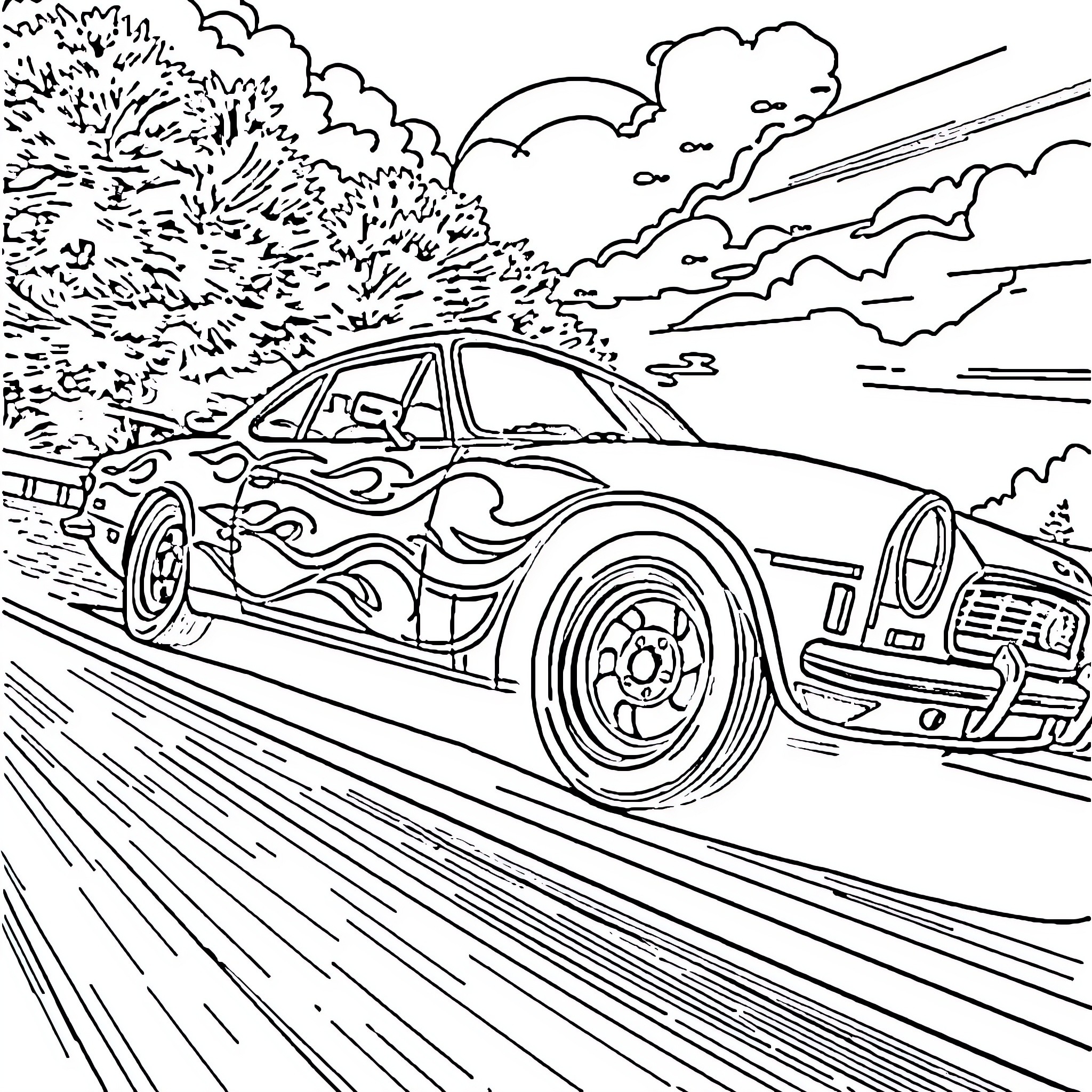 Car racing on winding road in nature Coloring Page (free black-and-white line drawing printable PDF for all, from beginners to advanced learners, including children, teens, adults, and seniors)