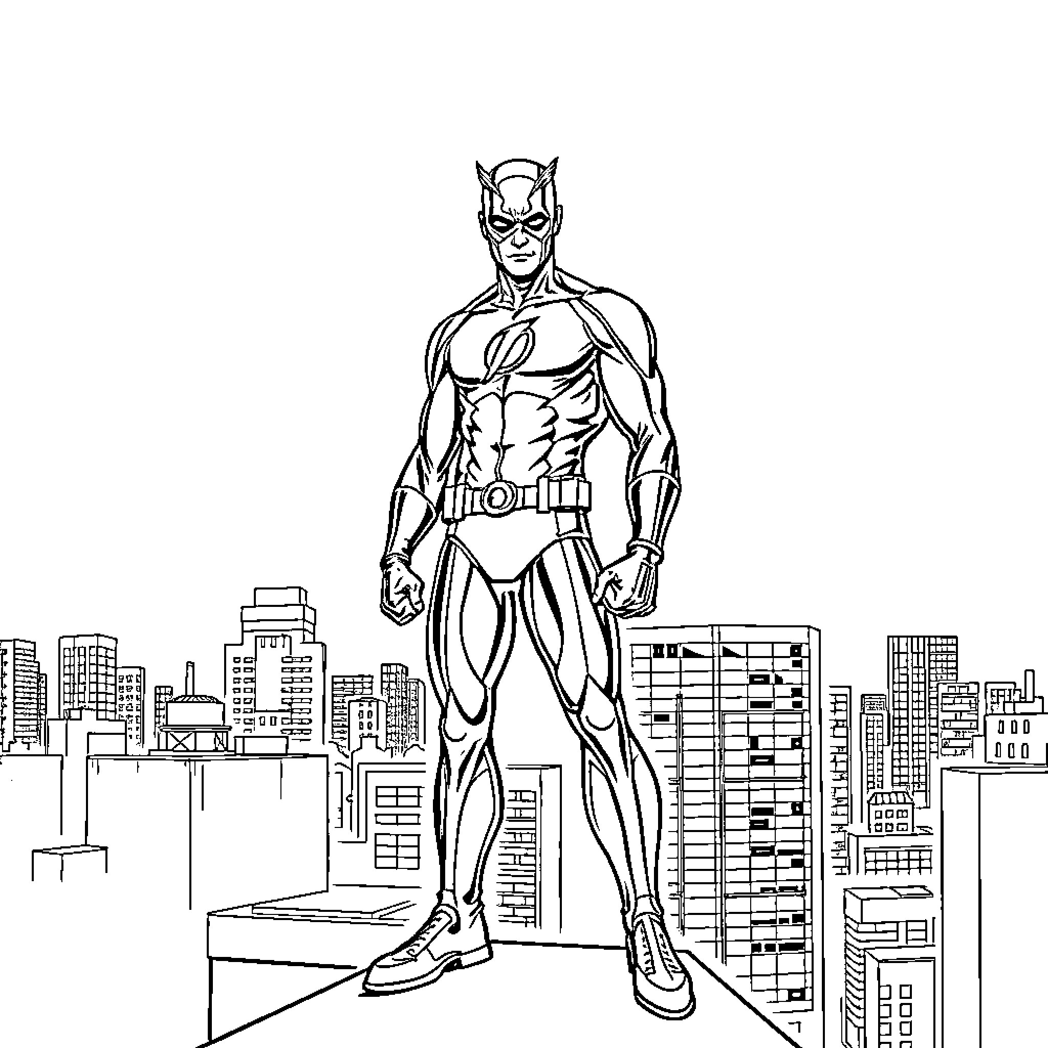 Daredevil superhero in action pose over the city Coloring Page (free black-and-white line drawing printable PDF for all, from beginners to advanced learners, including children, teens, adults, and seniors)
