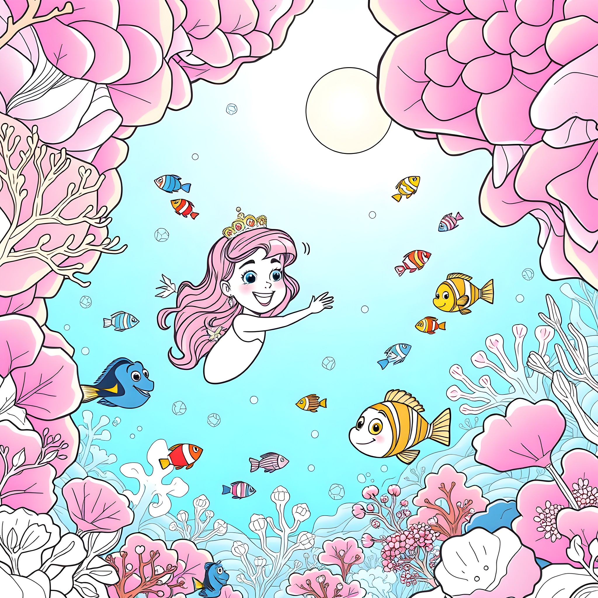 Princess Swimming Happily in Underwater Garden Coloring Page (free black-and-white line drawing printable PDF for all, from beginners to advanced learners, including children, teens, adults, and seniors)