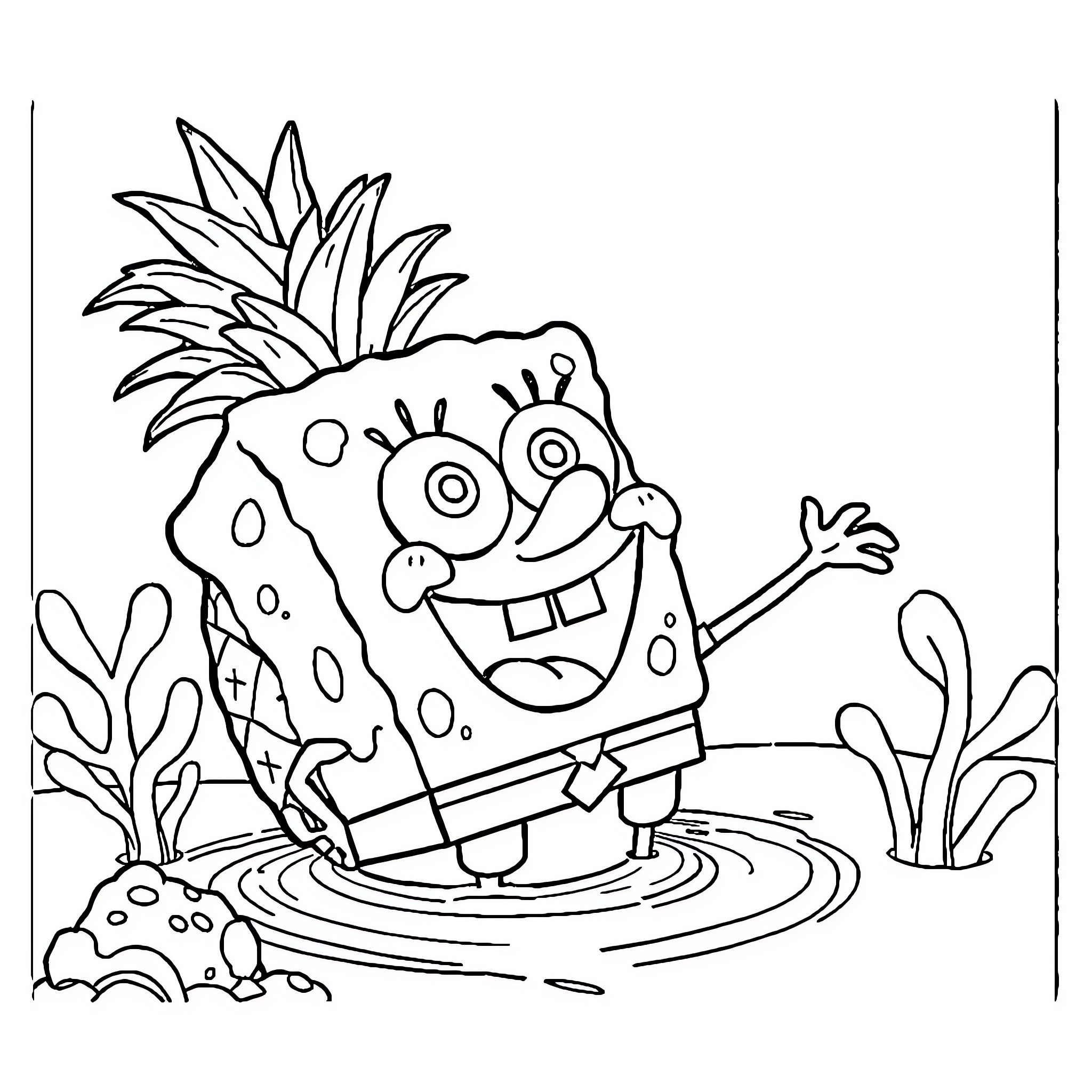 Spongebob playing happily in the underwater scene Coloring Page (free black-and-white line drawing printable PDF for all, from beginners to advanced learners, including children, teens, adults, and seniors)