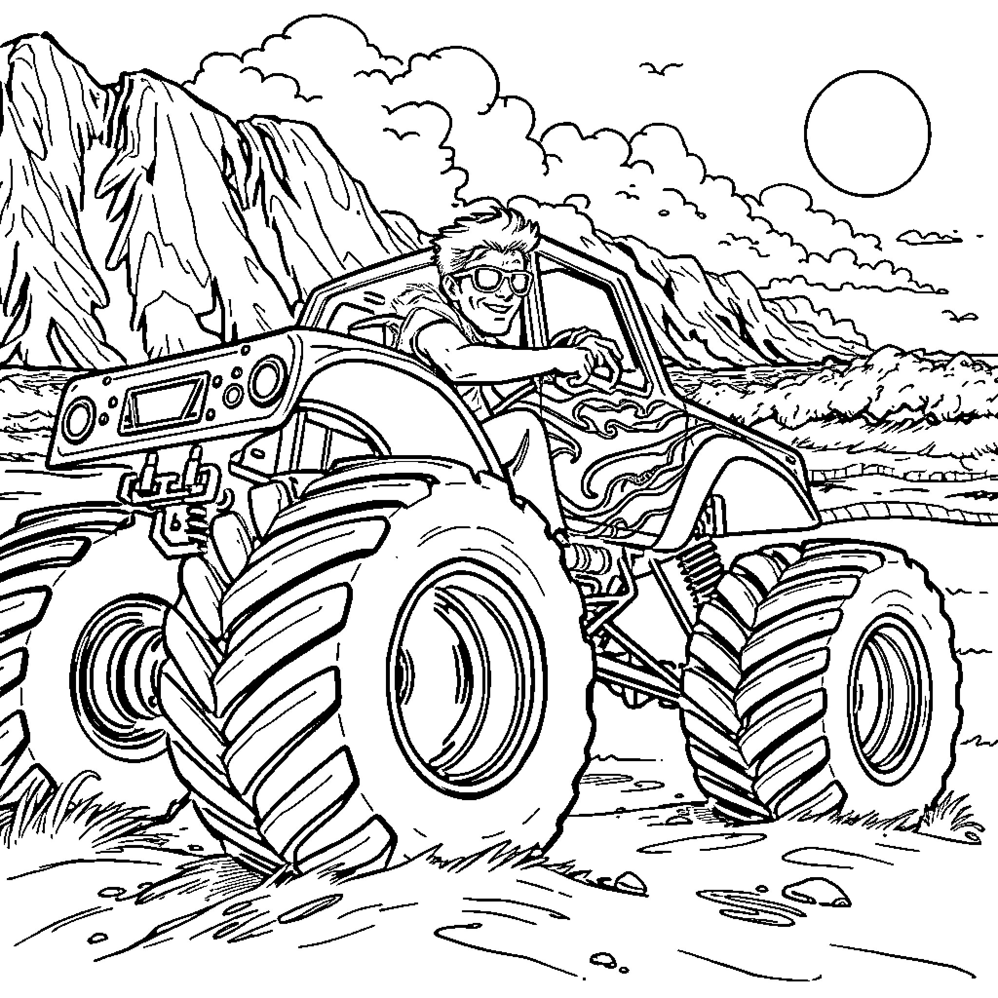 Rock Star Monster Truck Driving Through the Desert Coloring Page (free black-and-white line drawing printable PDF for all, from beginners to advanced learners, including children, teens, adults, and seniors)
