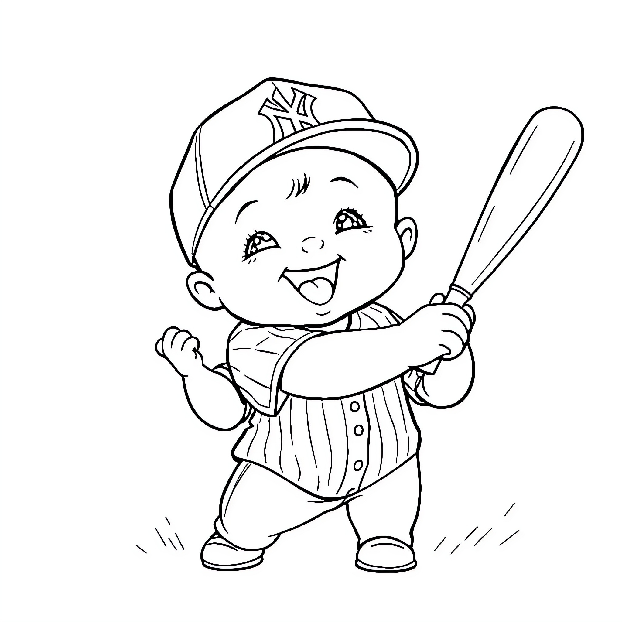 Baby baseball player swinging bat happily Coloring Page (free black-and-white line drawing printable PDF for all, from beginners to advanced learners, including children, teens, adults, and seniors)