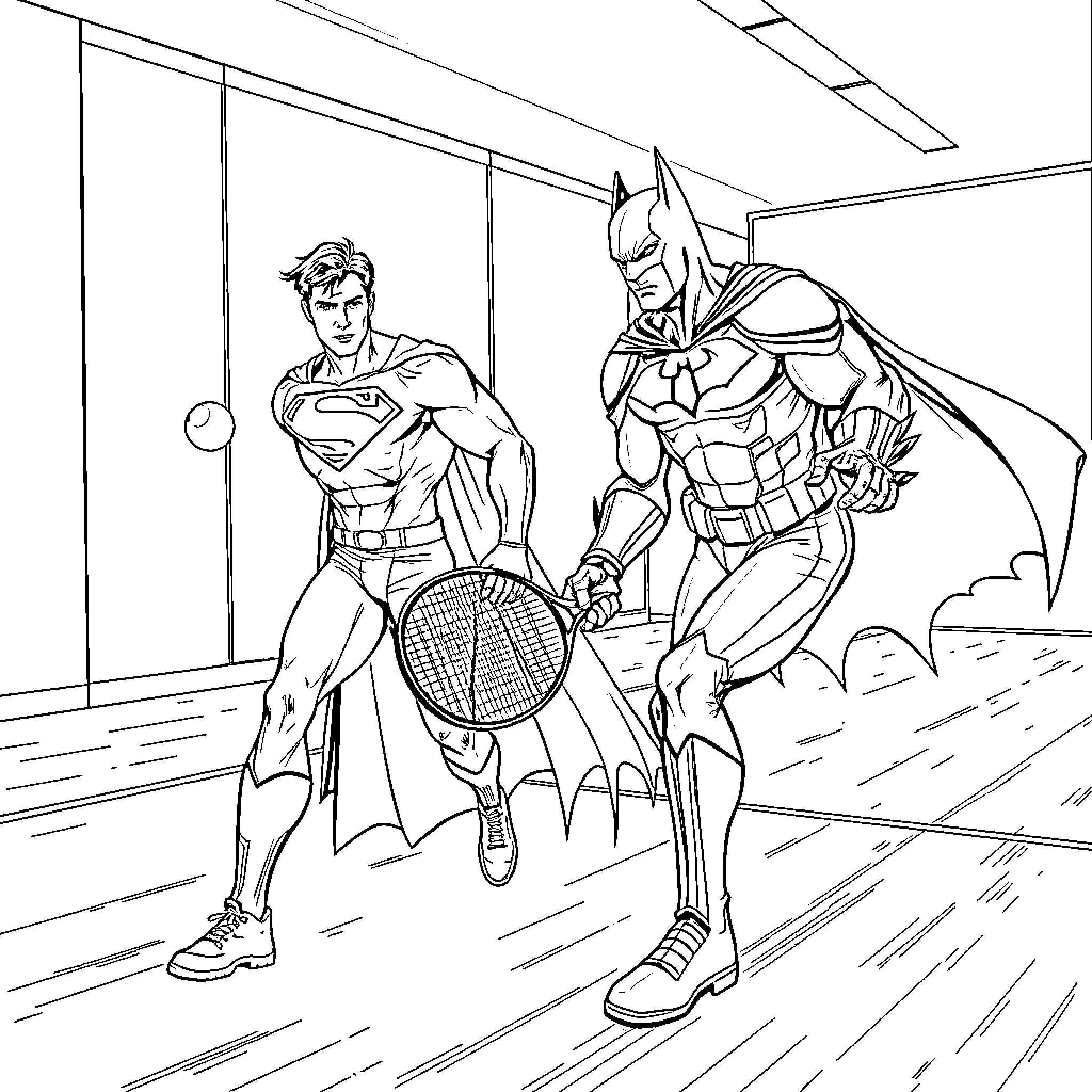 Superman and Batman engaging in a tennis match Coloring Page (free black-and-white line drawing printable PDF for all, from beginners to advanced learners, including children, teens, adults, and seniors)