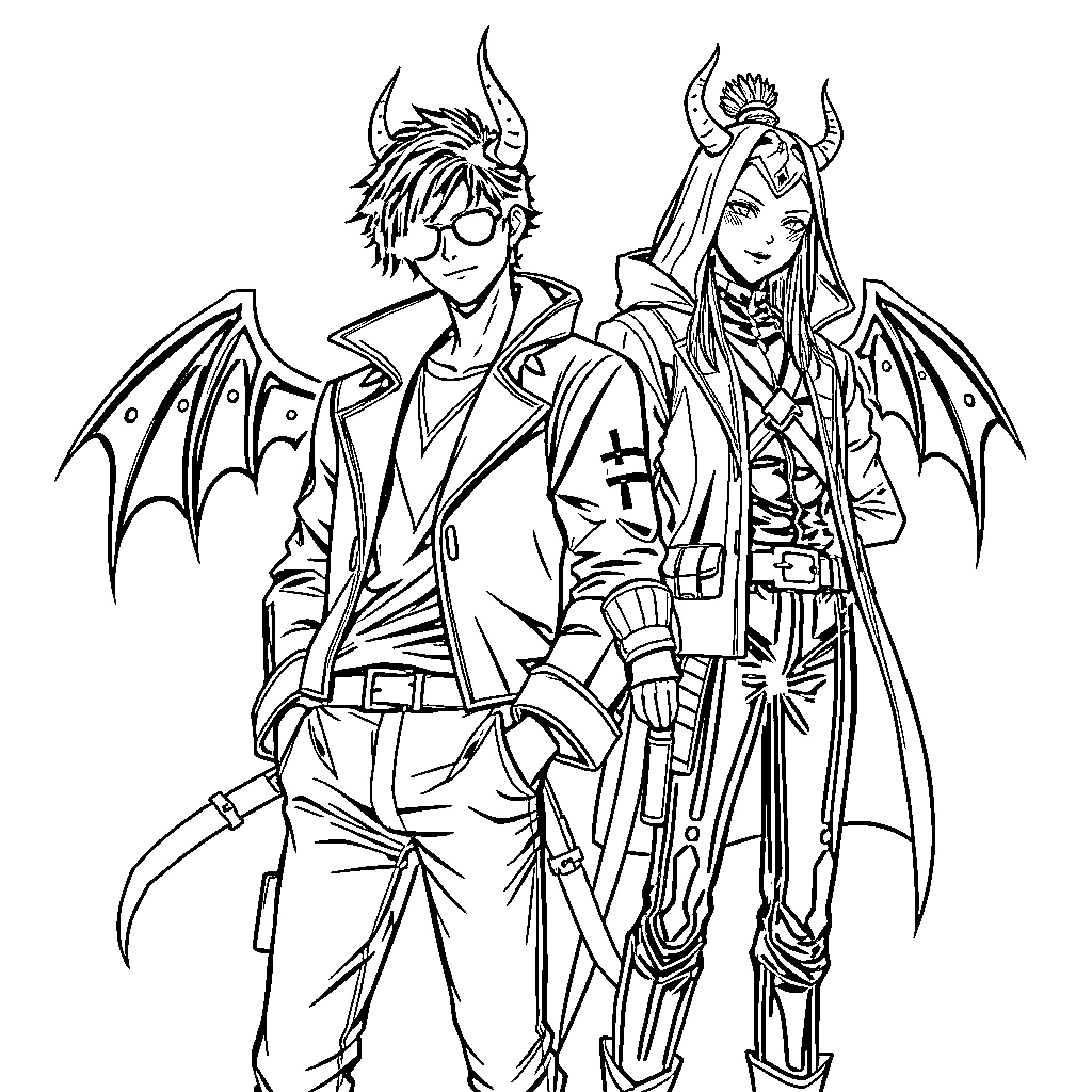 Rumi's Fantastical Duo - Winged Companions Coloring Page (free black-and-white line drawing printable PDF for all, from beginners to advanced learners, including children, teens, adults, and seniors)