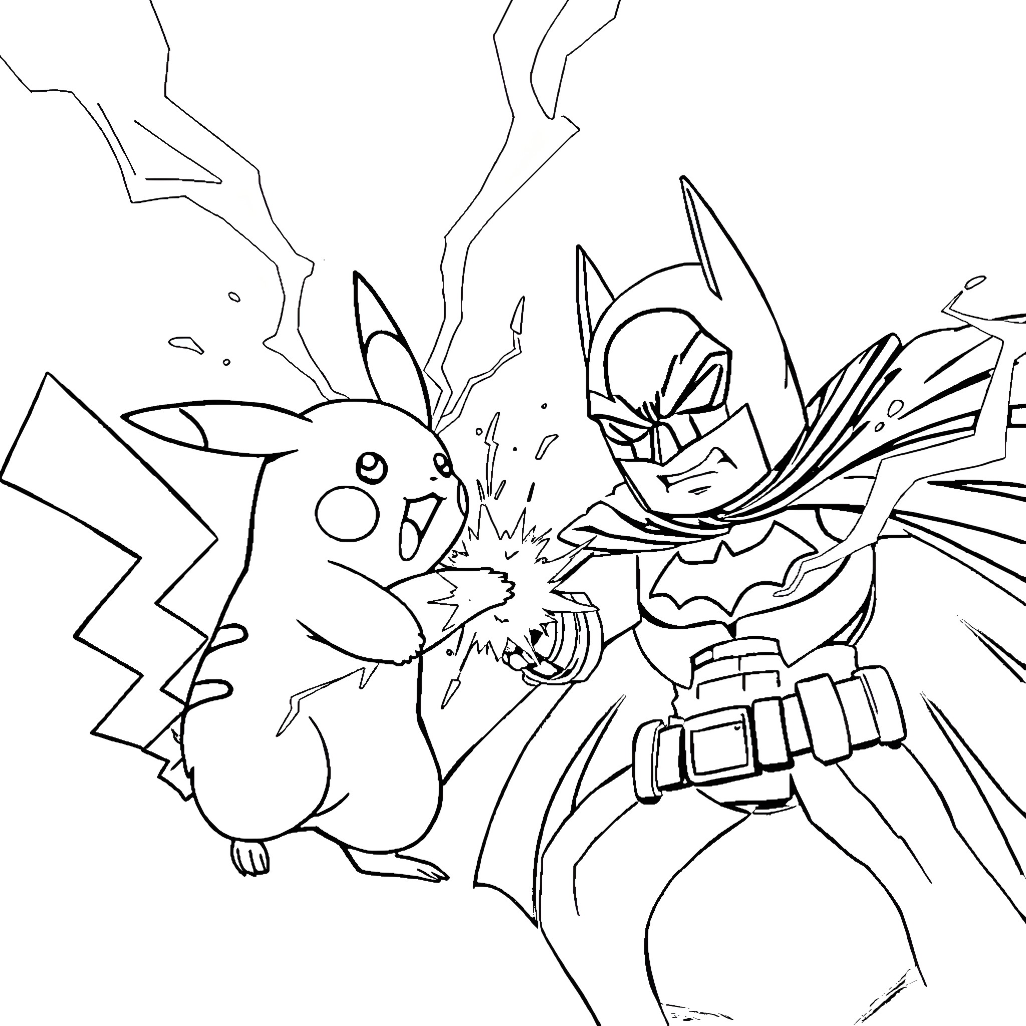 Pikachu in battle with caped superhero Coloring Page (free black-and-white line drawing printable PDF for all, from beginners to advanced learners, including children, teens, adults, and seniors)