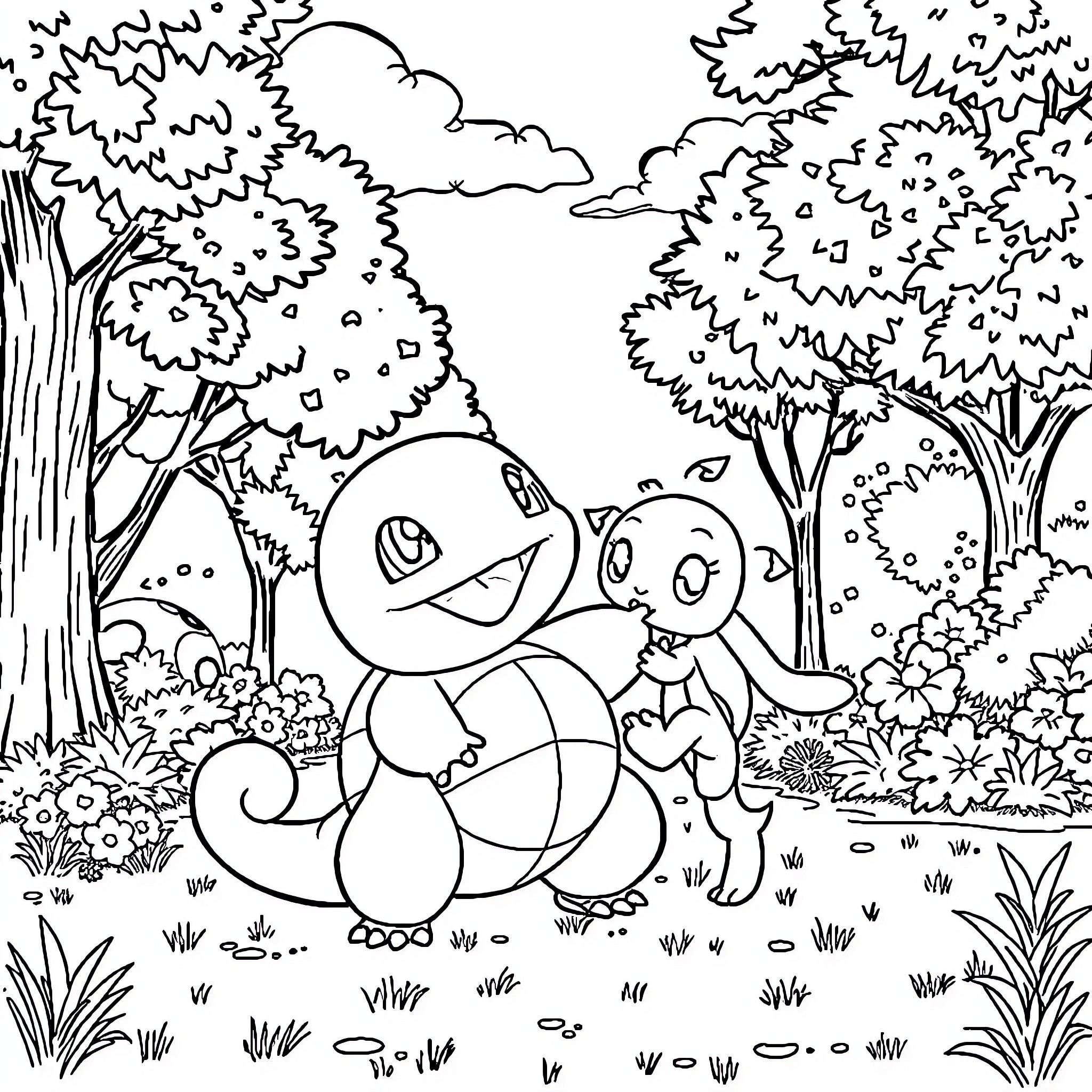 Fuecoco in a Whimsical Forest Landscape Coloring Page (free black-and-white line drawing printable PDF for all, from beginners to advanced learners, including children, teens, adults, and seniors)