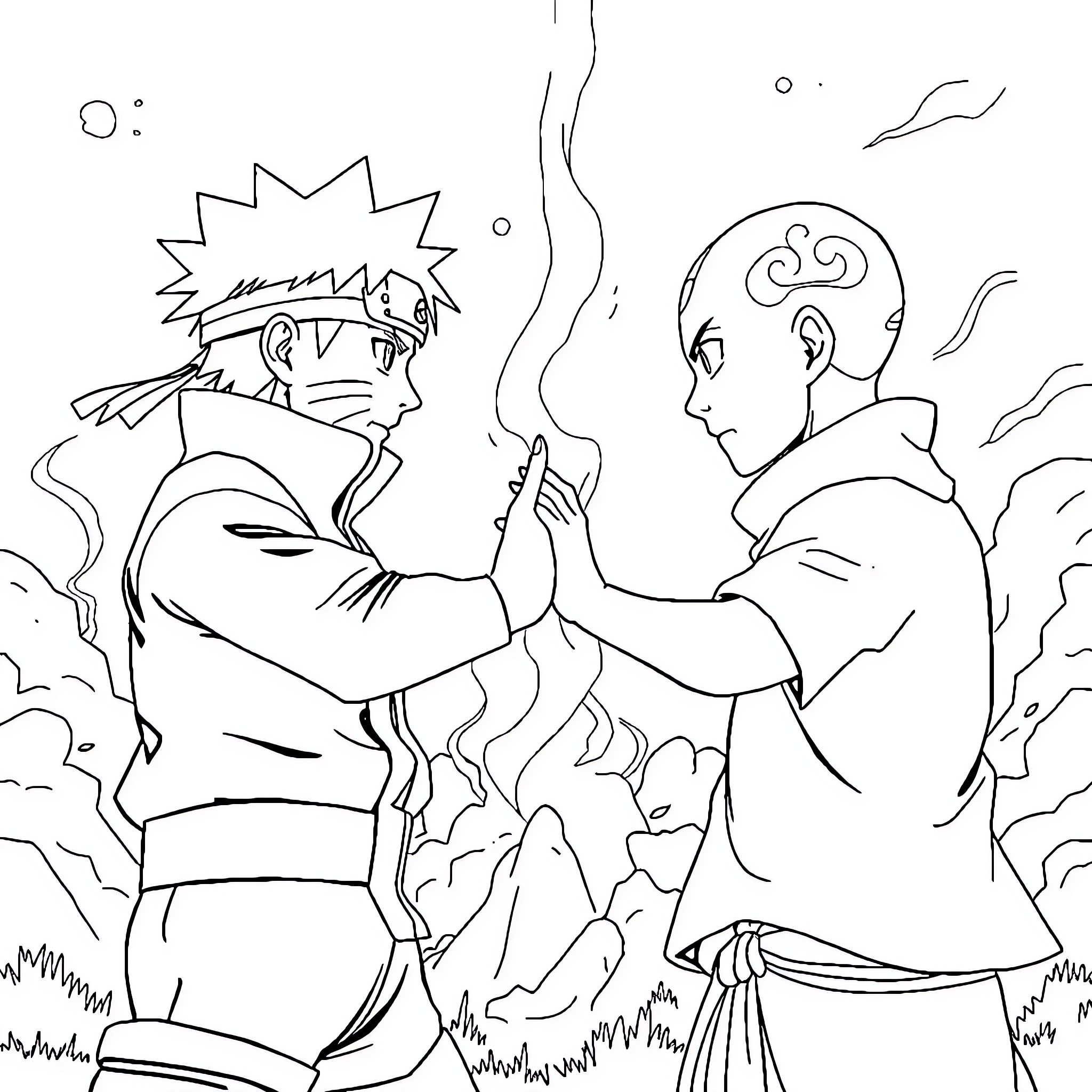 Naruto characters in intense battle Coloring Page (free black-and-white line drawing printable PDF for all, from beginners to advanced learners, including children, teens, adults, and seniors)
