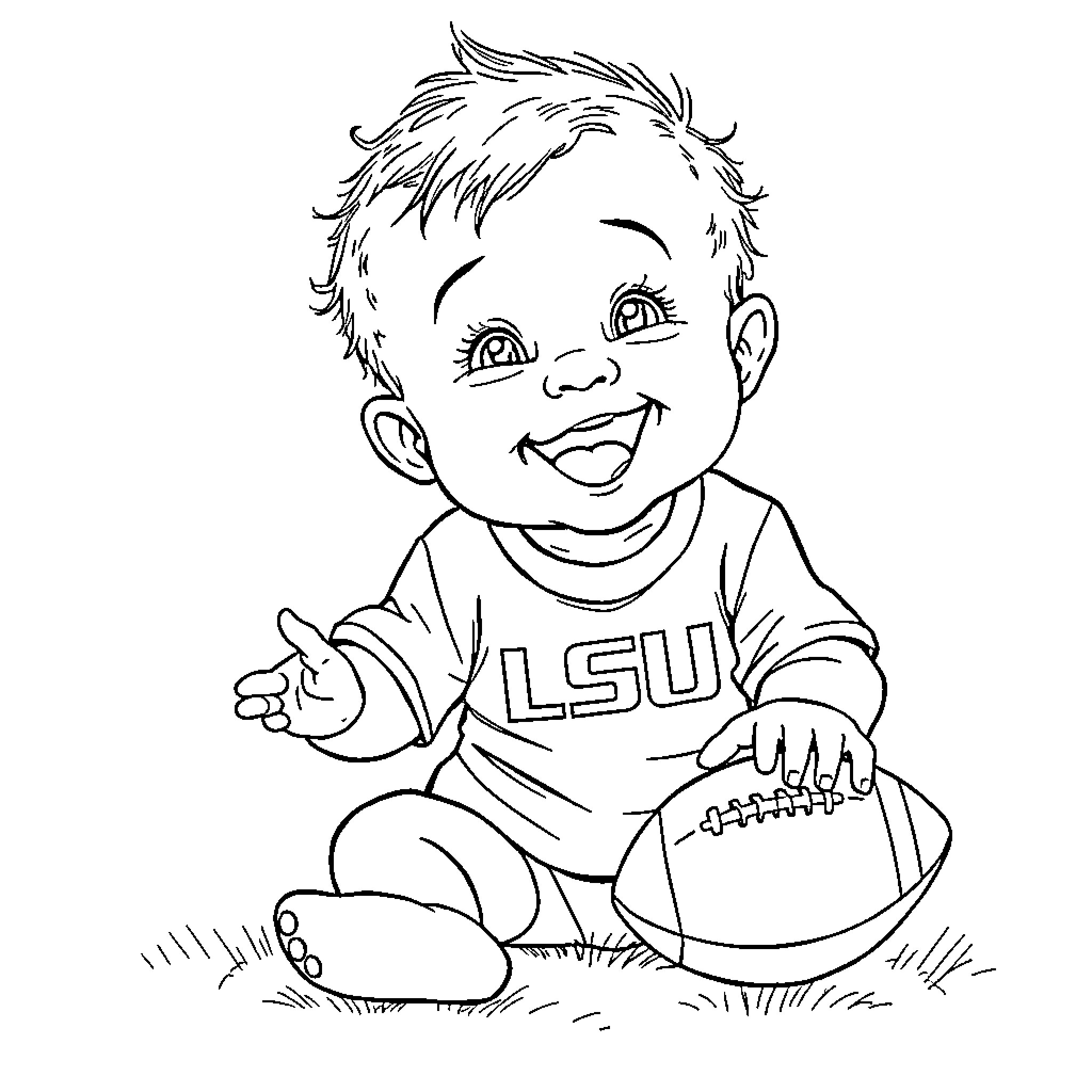 Baby playing with football on grass Coloring Page (free black-and-white line drawing printable PDF for all, from beginners to advanced learners, including children, teens, adults, and seniors)