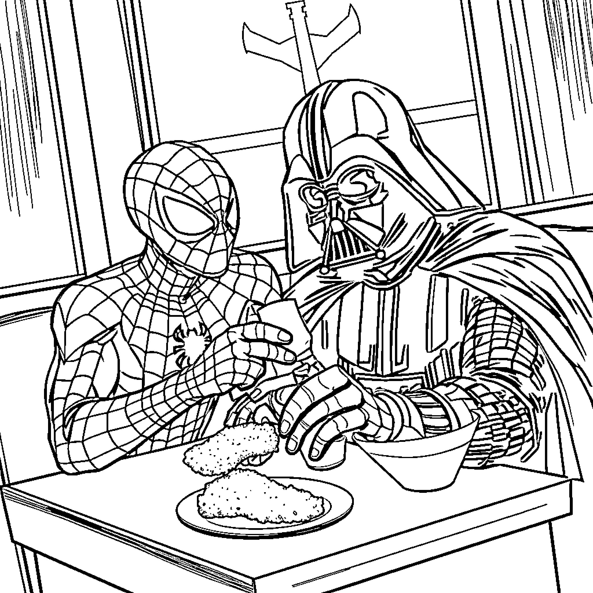 Spiderman and Darth Vader sharing a meal Coloring Page (free black-and-white line drawing printable PDF for all, from beginners to advanced learners, including children, teens, adults, and seniors)