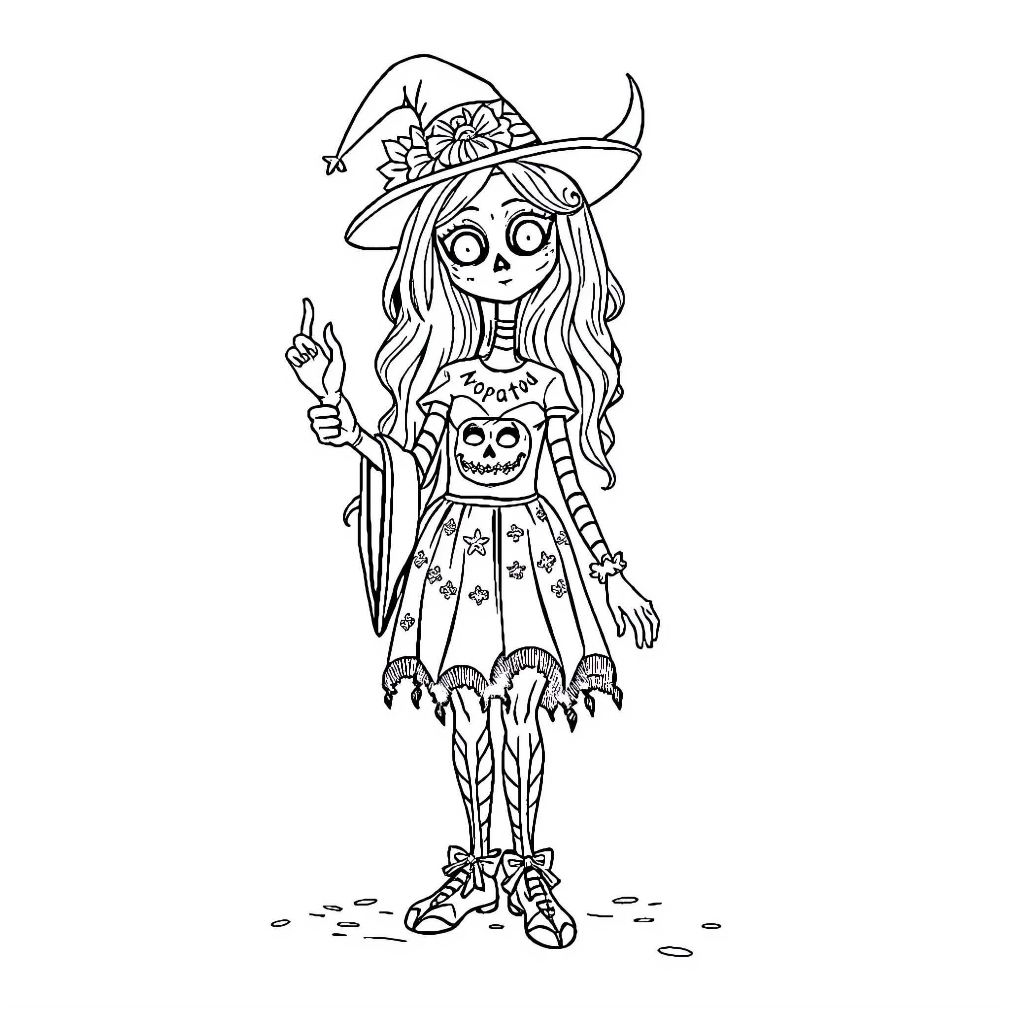 Tralalero - Spooky girl in quirky costume and hat Coloring Page (free black-and-white line drawing printable PDF for all, from beginners to advanced learners, including children, teens, adults, and seniors)