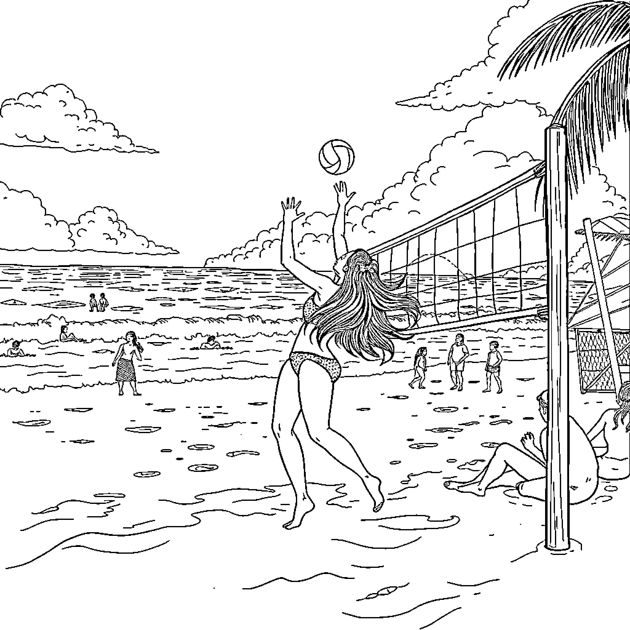 Moametal playing volleyball on the beach Coloring Page (free black-and-white line drawing printable PDF for all, from beginners to advanced learners, including children, teens, adults, and seniors)