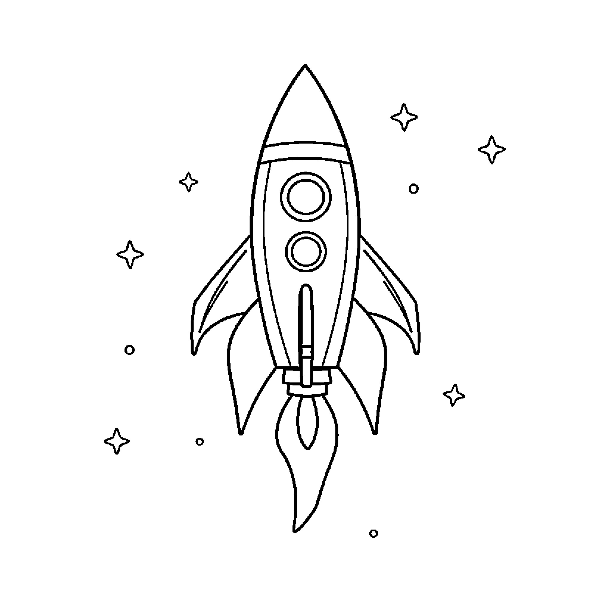 Rocketship blasting off into the stars Coloring Page (free black-and-white line drawing printable PDF for all, from beginners to advanced learners, including children, teens, adults, and seniors)