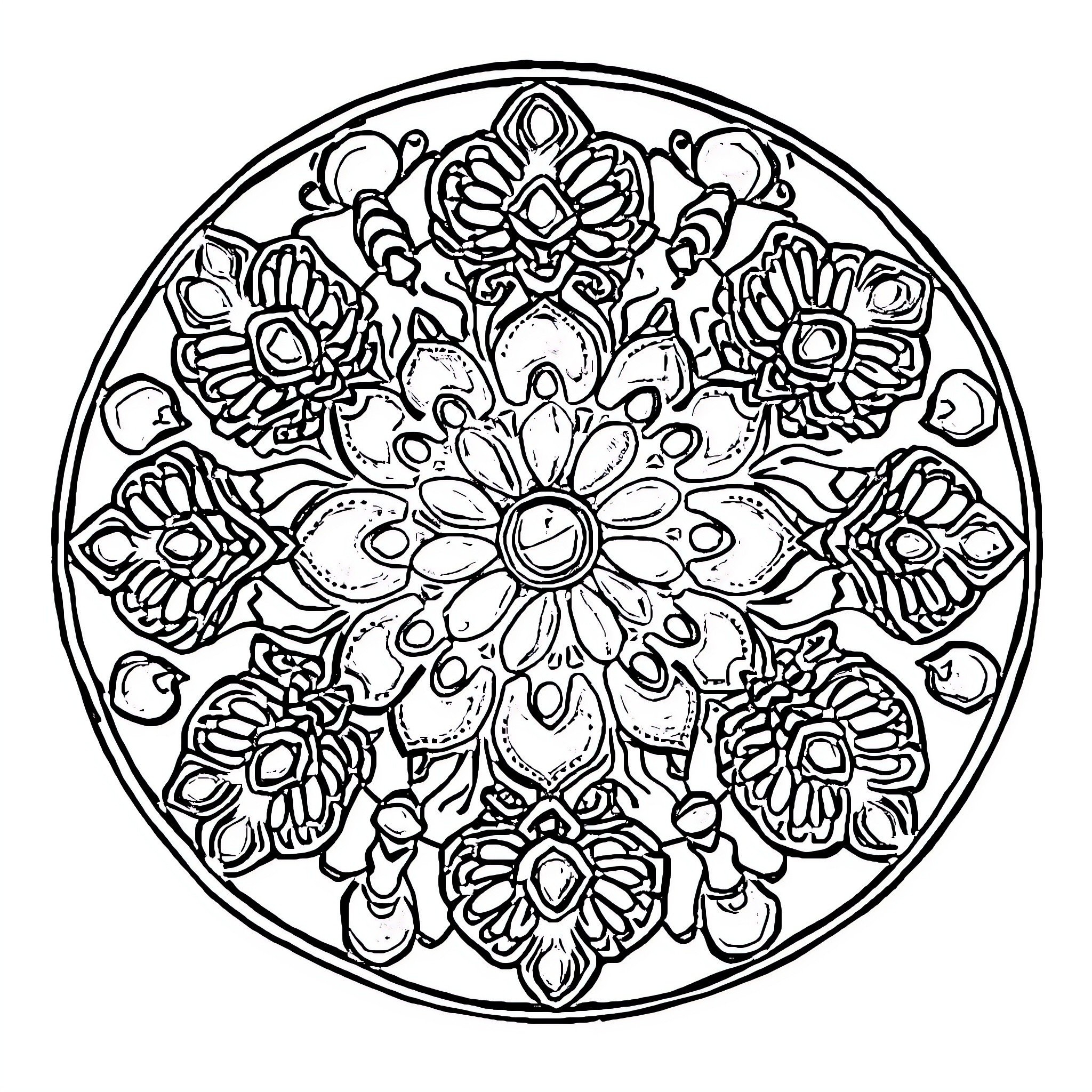 Lippan Art - Ornate floral mandala pattern Coloring Page (free black-and-white line drawing printable PDF for all, from beginners to advanced learners, including children, teens, adults, and seniors)
