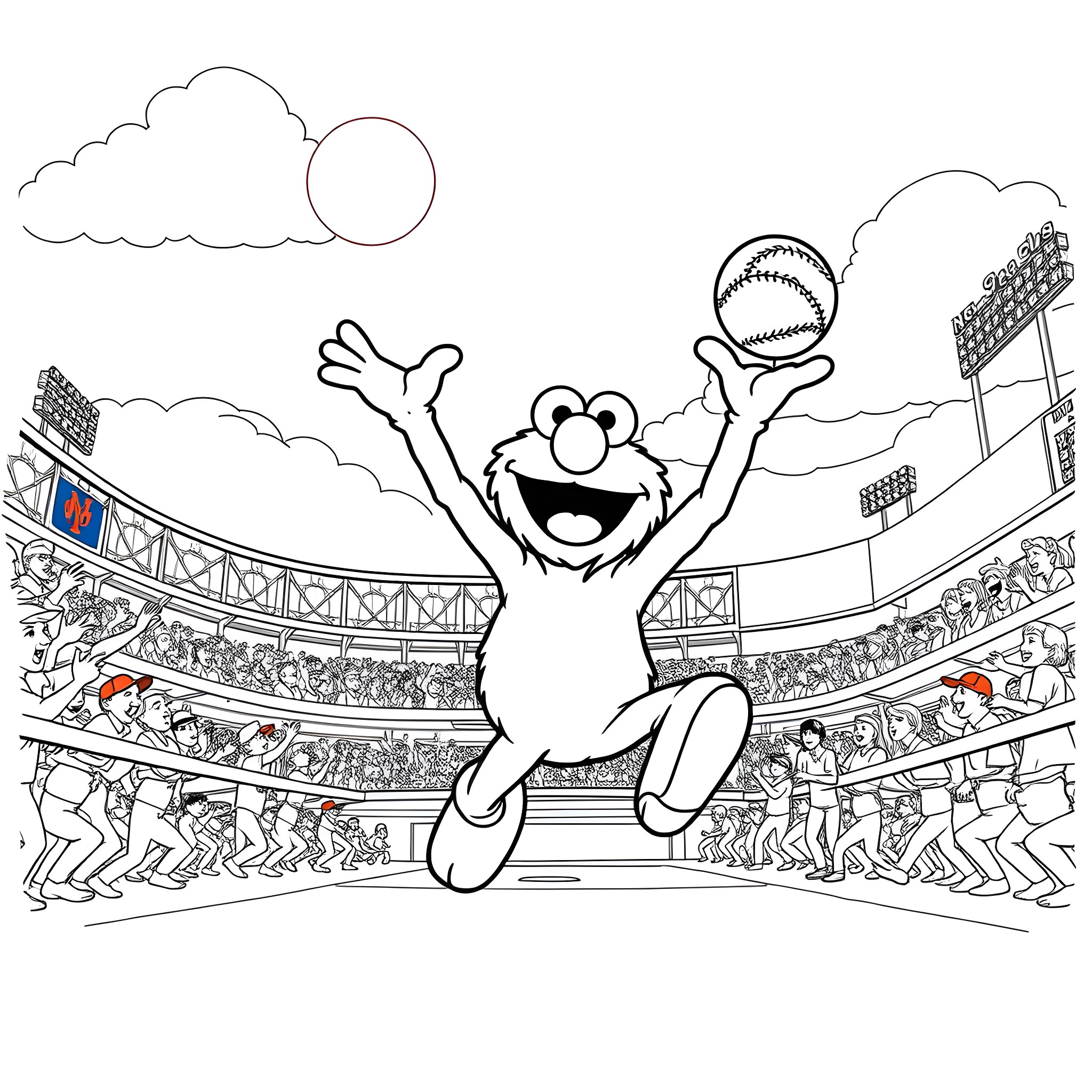 Elmo celebrates baseball victory in stadium Coloring Page (free black-and-white line drawing printable PDF for all, from beginners to advanced learners, including children, teens, adults, and seniors)