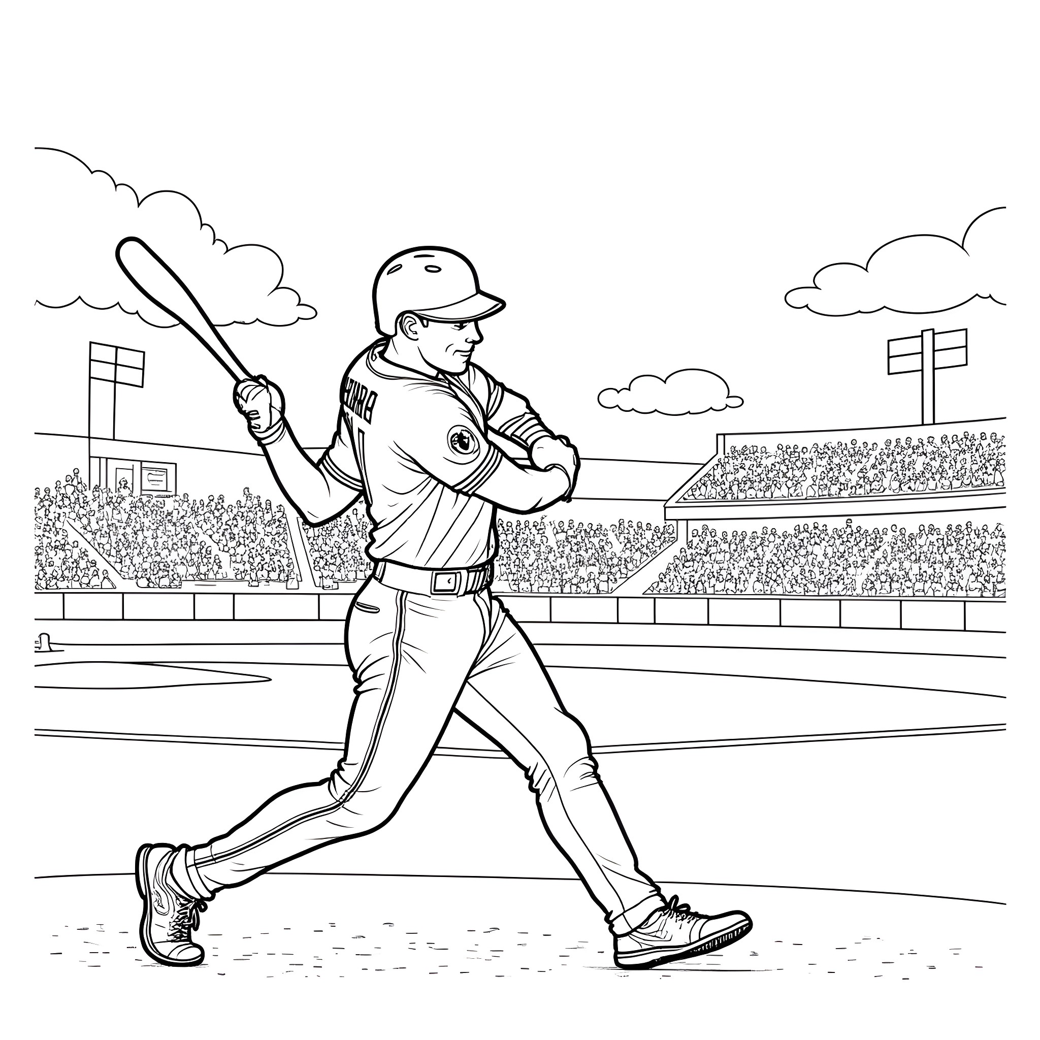Gunnar Henderson hitting a baseball in a stadium Coloring Page (free black-and-white line drawing printable PDF for all, from beginners to advanced learners, including children, teens, adults, and seniors)