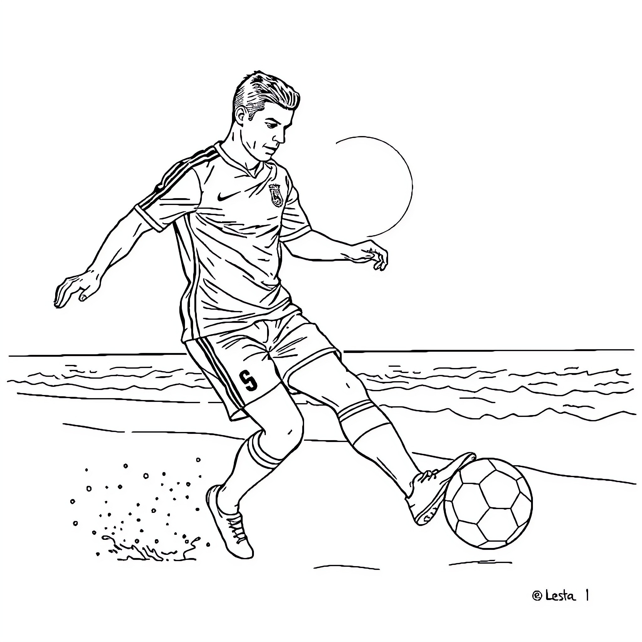 Cristiano Ronaldo playing soccer on the beach Coloring Page (free black-and-white line drawing printable PDF for all, from beginners to advanced learners, including children, teens, adults, and seniors)